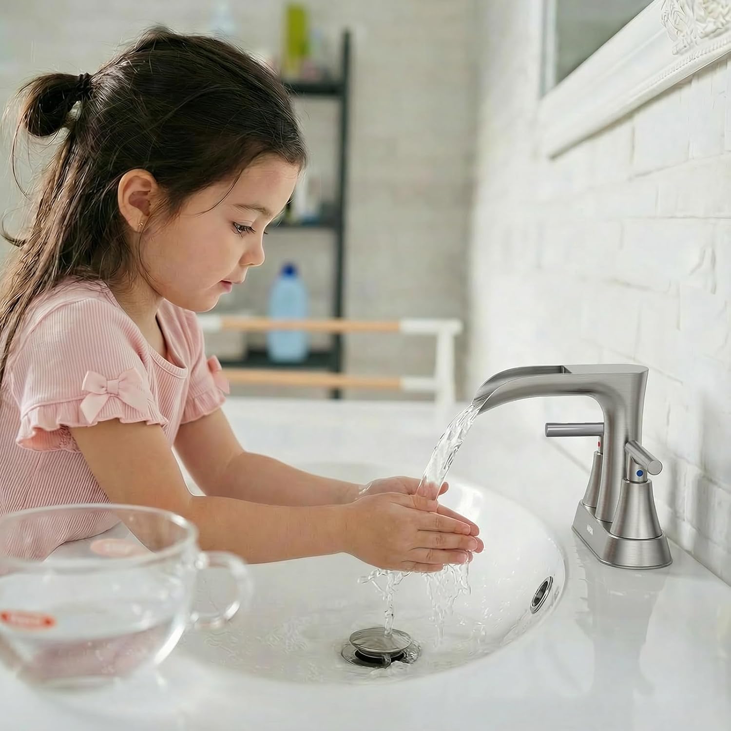 Waterfall Bathroom Faucets 3 Hole, HURRAN 4 Inch Centerset Bathroom Sink Faucet with Pop-up Drain, Stainless Steel 2 Handle Modern Sink Faucet Mixer Tap for Vanity RV Restroom Basin, Brushed Nickel - Image 8