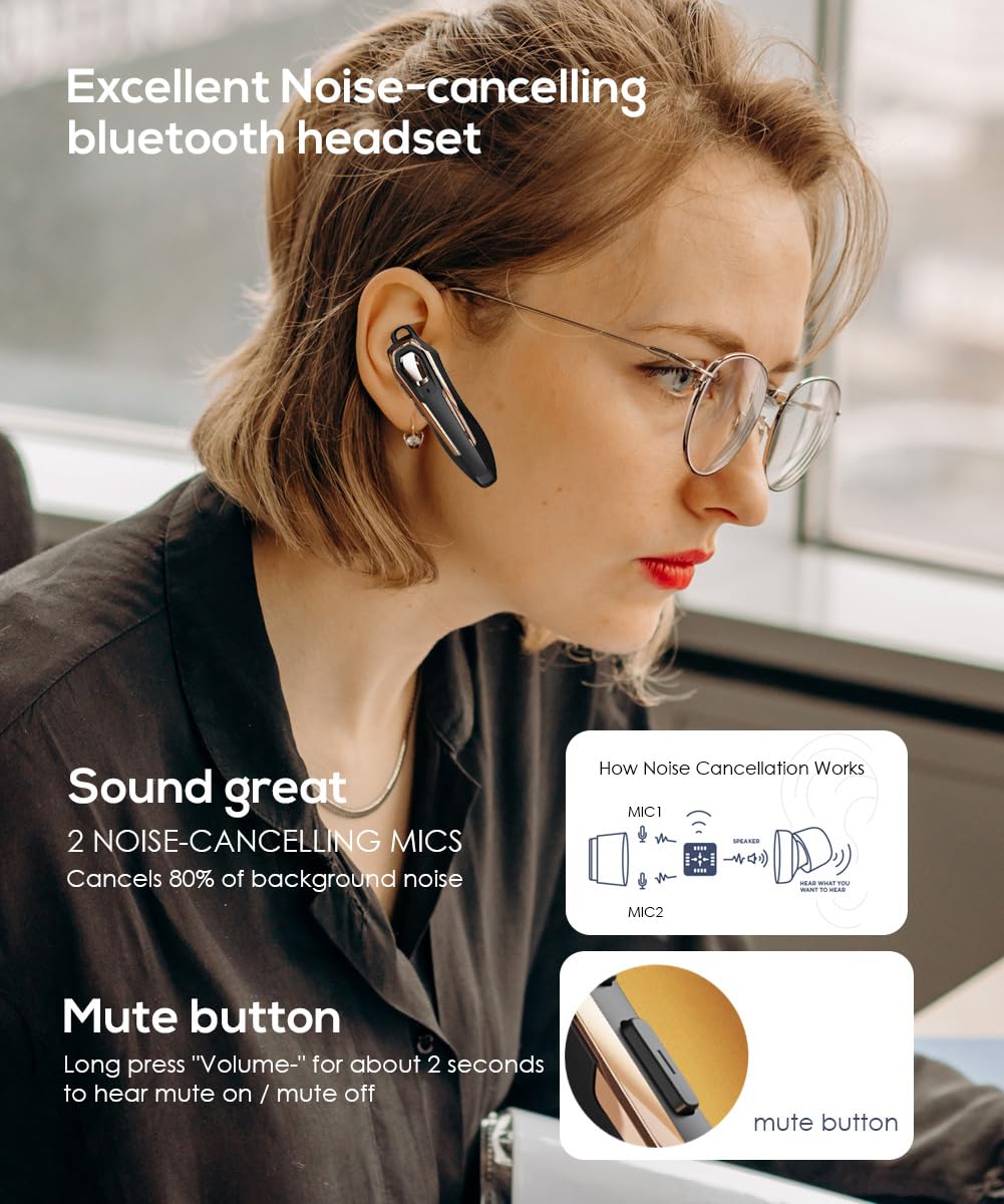 Auricolare Bluetooth Mono V5.4 con Cancellazione Rumore Microfono, 36 Ore di Autonomia, Connessione a due Dispositivi, Ideale per Guida, Ufficio e Telefonate Business