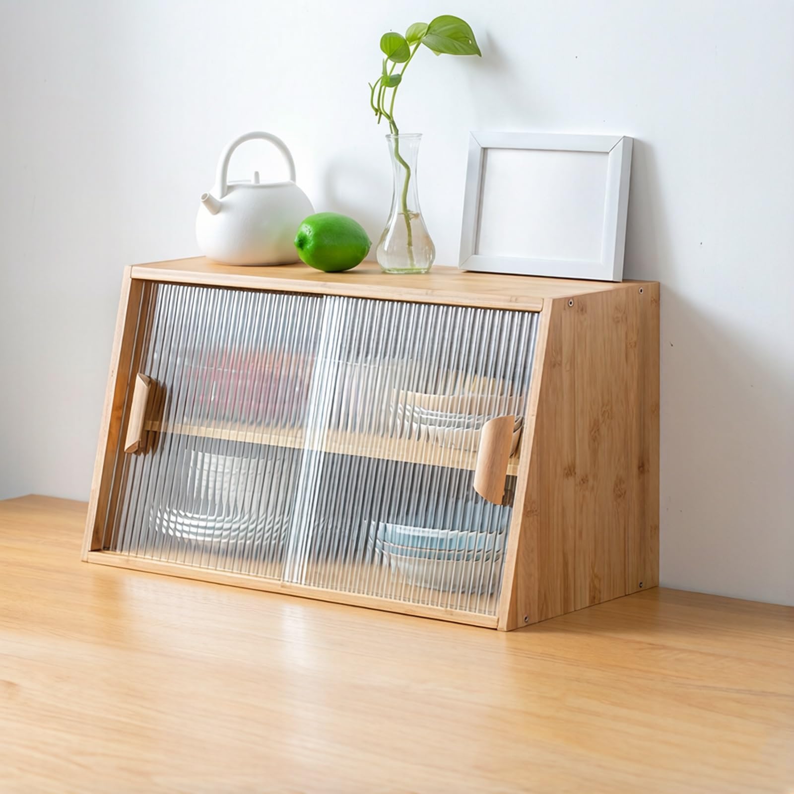 Natural Bread Box For Kitchen Countertop Sliding Acrylic Doors Slant Top Sto Cabinet For Coffee Bar & Tea Cups,Natural Wood Color-60*29*35Cm/23.6*11.4*13.8In,Natural Wood Color-60*29*35cm/23.6*11.4*1