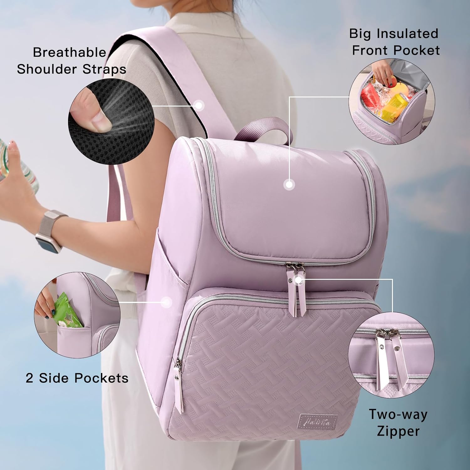 Cooler Backpack Insulated Leak Proof 33 Cans, Waterproof Hiking Backpack Cooler Soft Cooler Bag Lunch Backpack for Women Picnic Camping, Purple
