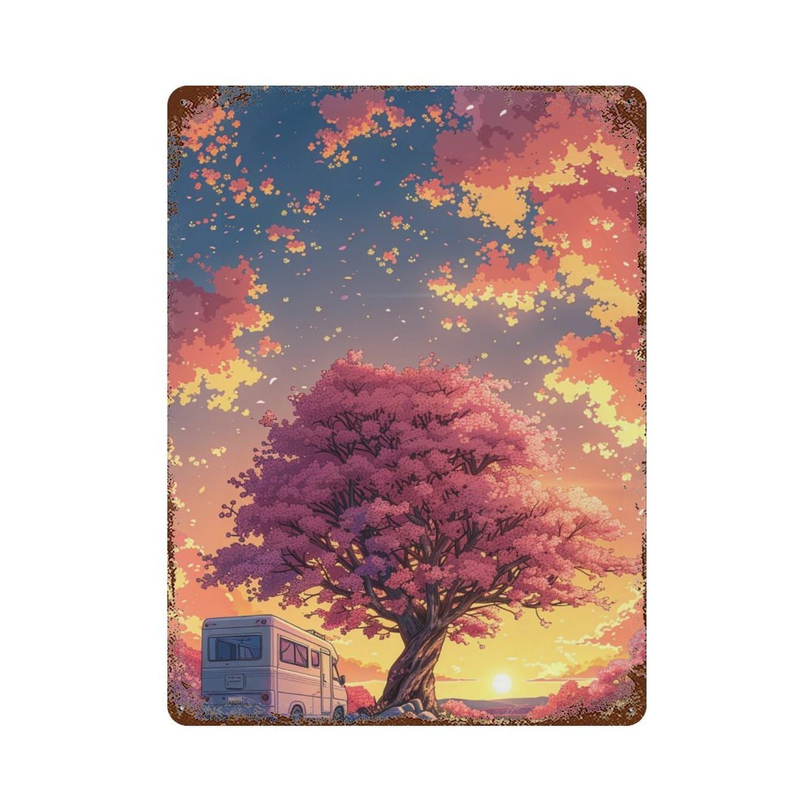 Rust Effect Cherry Blossom Camper Sunset Aged Metal Wall Plaque 15.7"x11.8", Shabby Chic Decor for Living Room, Hallway And Home Decor
