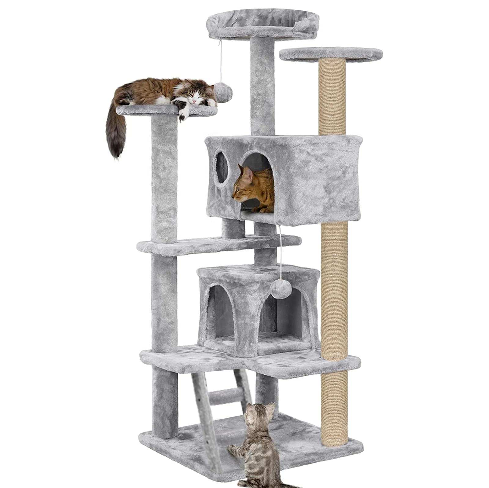 Hiputee Multiple Condos Kitten Cat Tree - Plush Fur Fabric | Ladder | Top Perches | Playing Balls | Jute Rope Scratching Posts (Grey) (Height 62 Inch)