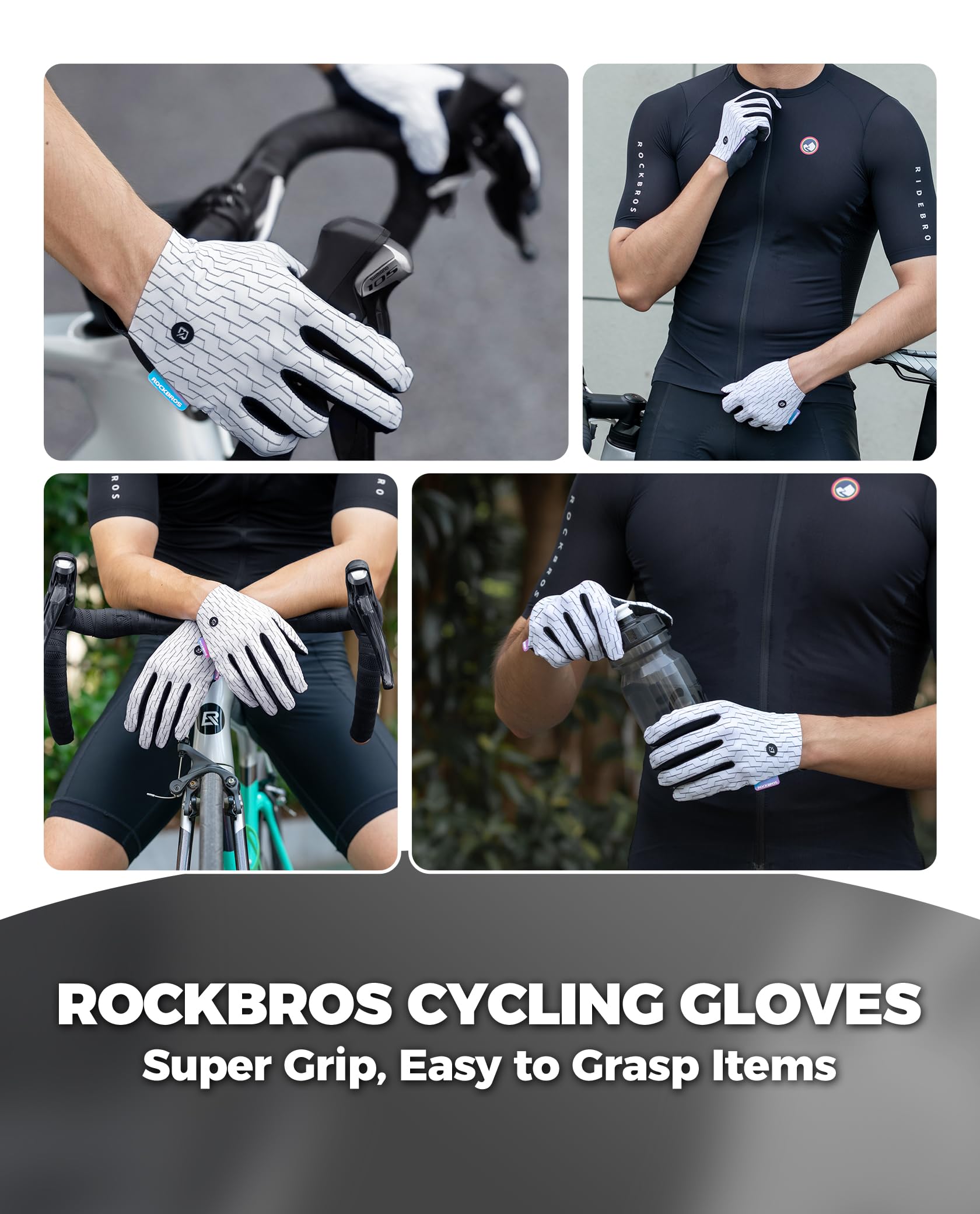 ROCKBROS Guantes Ciclismo Hombre Mujer Pantalla Táctil Guantes Deporte Dedo Completo Primavera Verano para MTB Bicicleta Carretera Gravel Running Gym Negro Blanco S-XL