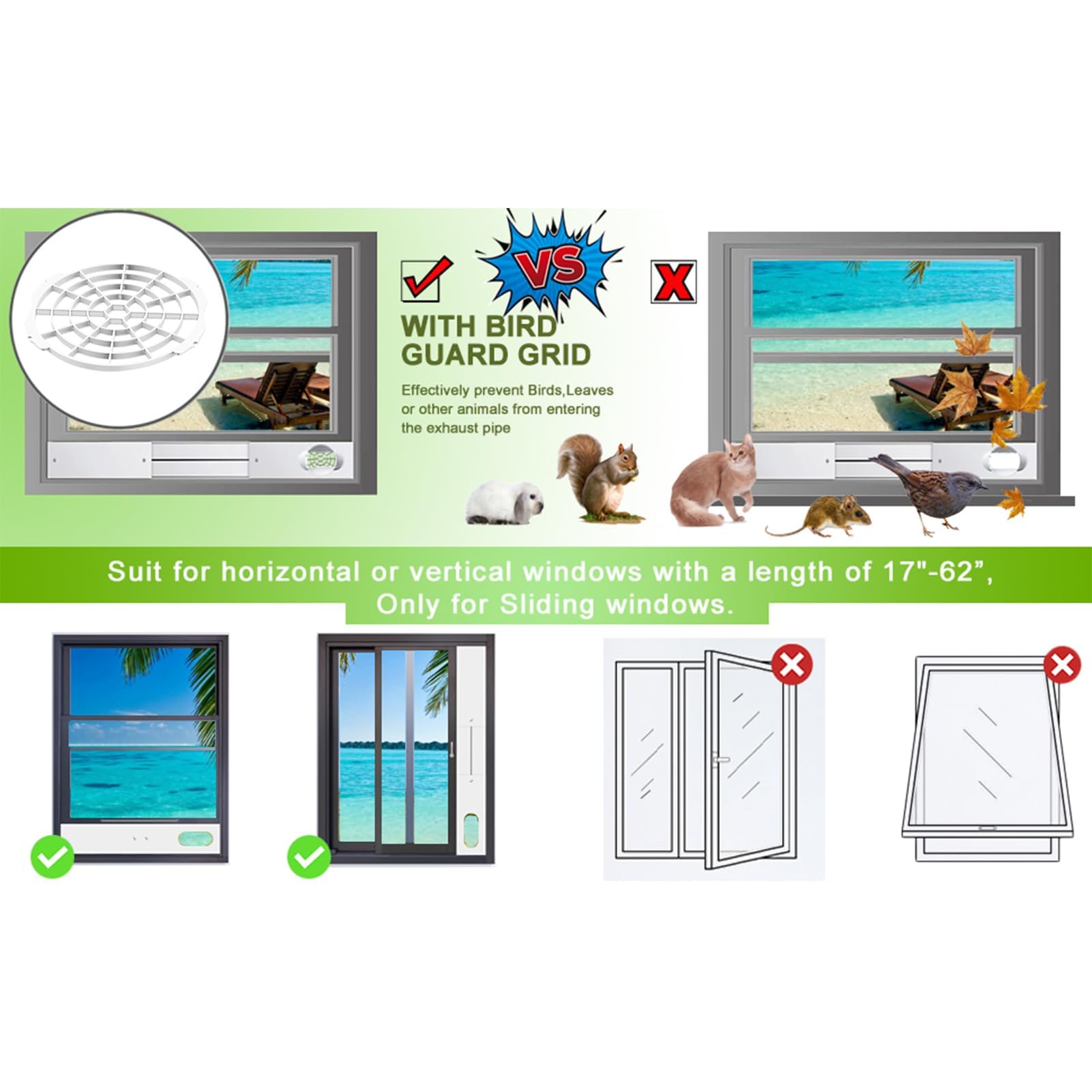 Salida de tubo de escape para aire acondicionado portátil, placa de ventana para persiana con panel ajustable, sello de ventana para aire acondicionado (4PCS)