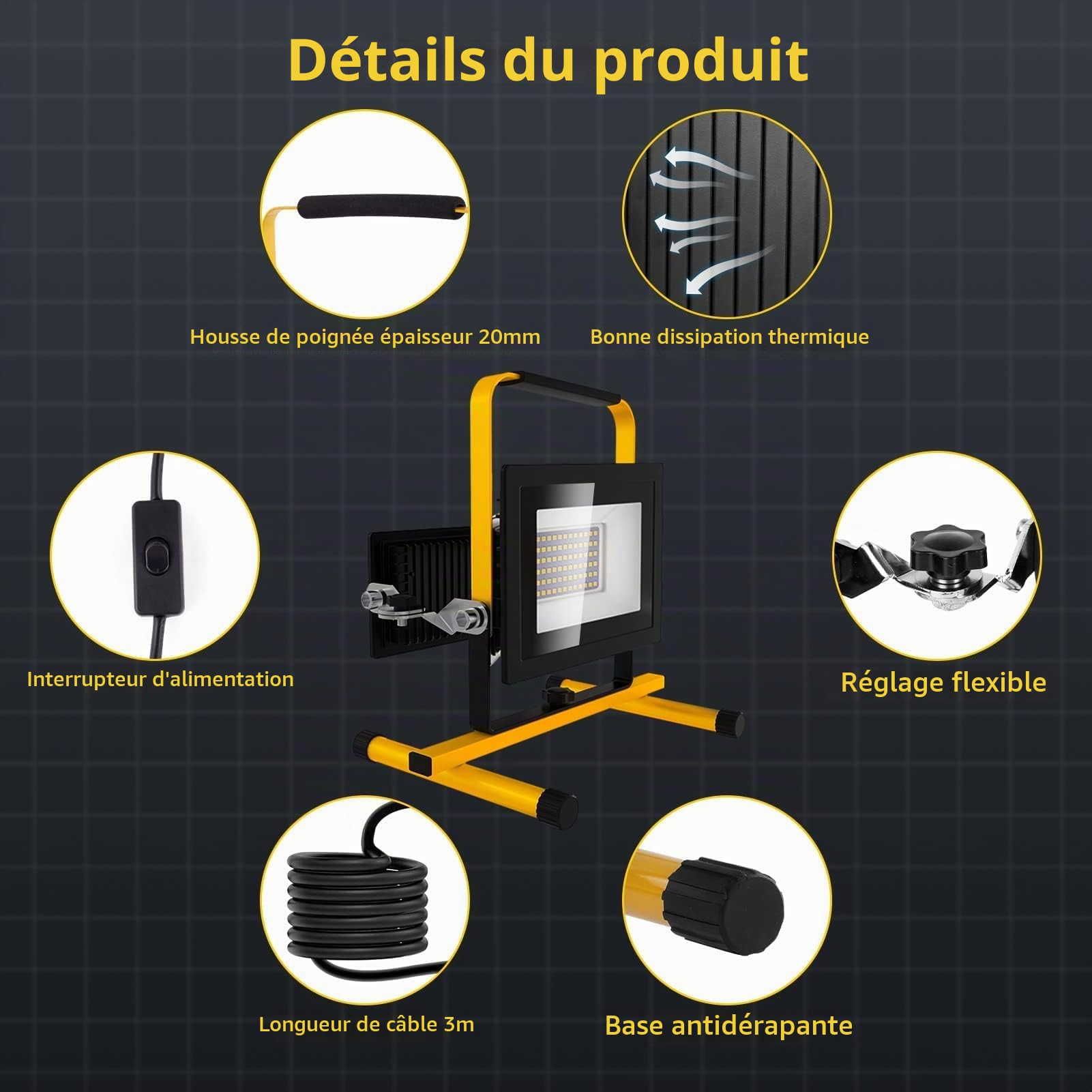 Viugreum Projecteur Led Chantier 100w 8000LM Luminaire Exterieur à Trois Têtes Avec Prise Câble de 3M Étanchéité IP65 Blanc Froid 6500K Portable Lampe Chantier pour Atelier Garage Construction