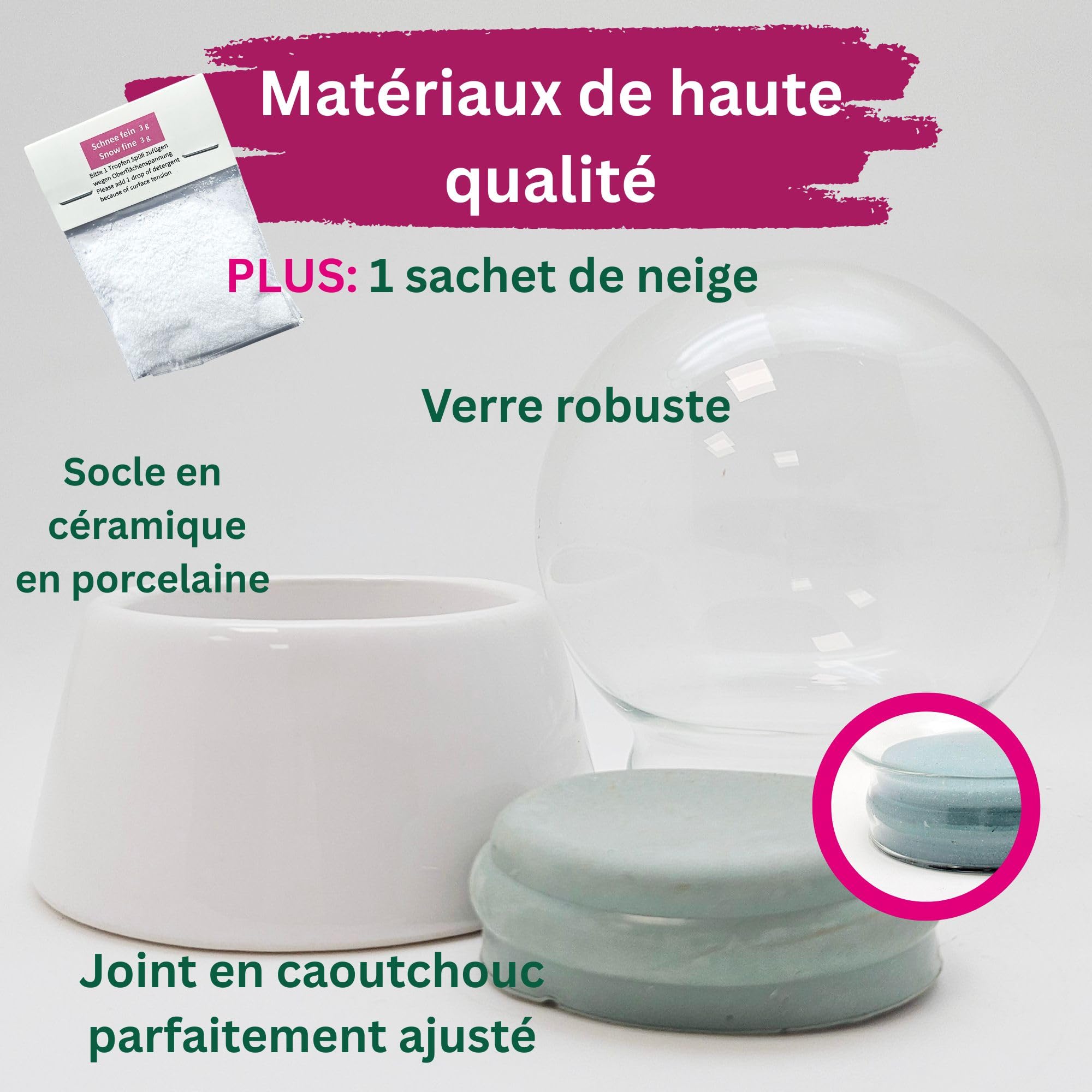 Boule à Neige Bastelset avec 1 x Neige | 150mm-Do-it-Yourself Boule à Neige avec Boule en Verre et Base en Porcelaine Blanc | pour boîte à Musique | DIY Boule à Neige | L : 150mm H : 180mm | 40036