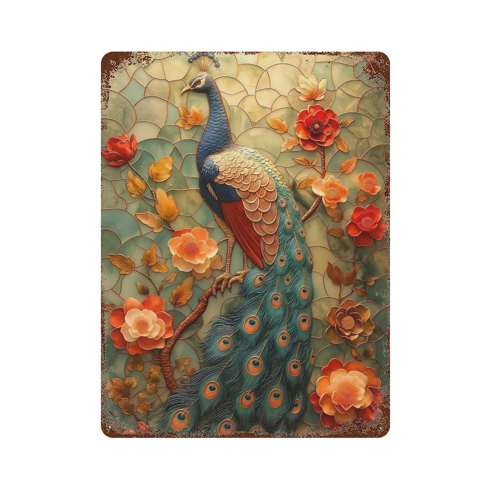 Aged Metal Wall Plaque with Peacock Perfect Design 15.7"x11.8", for Shed, Workshop And Garage Wall Decor, Decorative Metal Wall Art