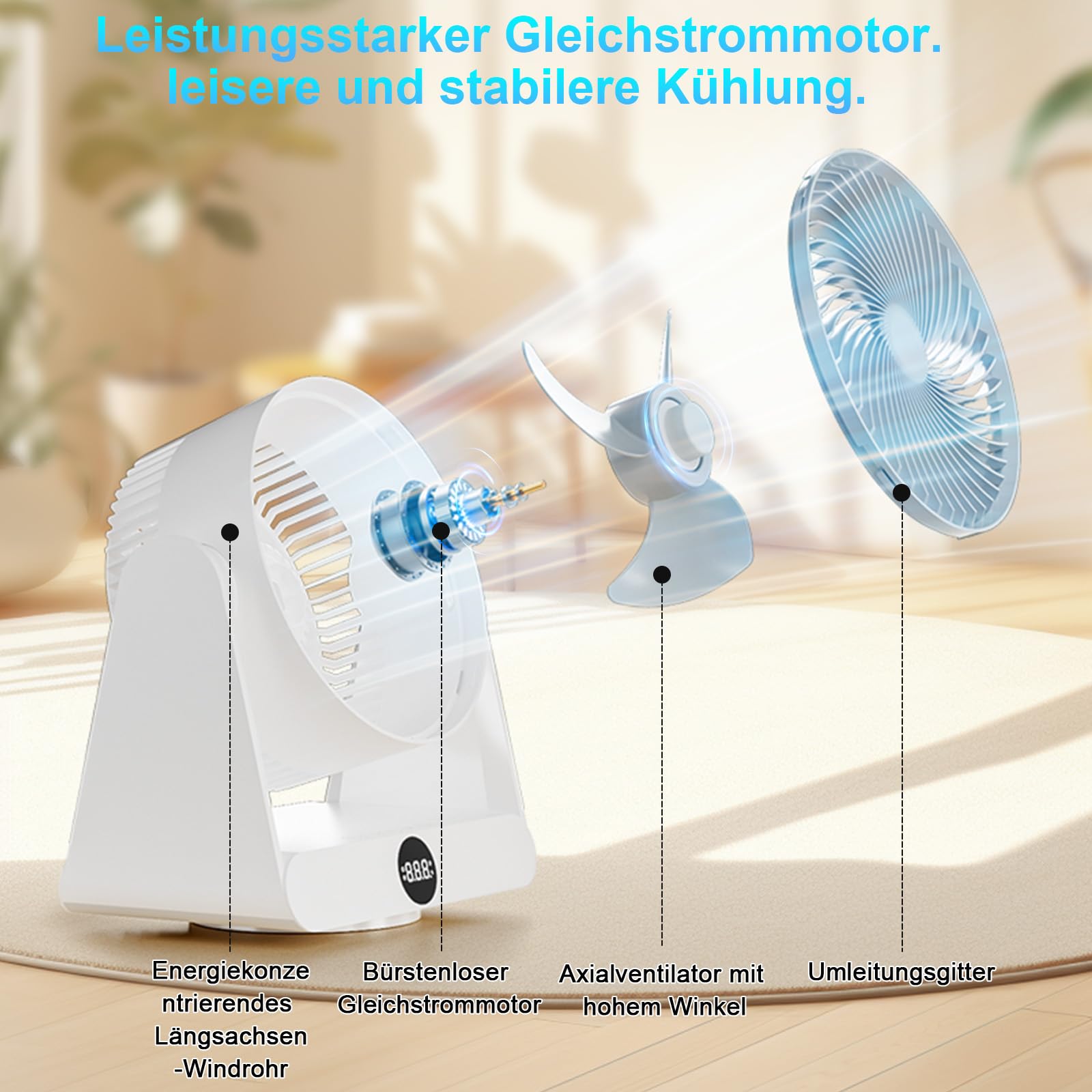 GuKKK Ventilator Leise, Tischventilator 28 DB, Starker Ventilator mit Fernbedienung, 3D Turbo-Luftzirkulator, 12-Geschwindigstufe 12H Timer, 90° verstellbar Neigungswinkel Turbo-Luftzirkulator