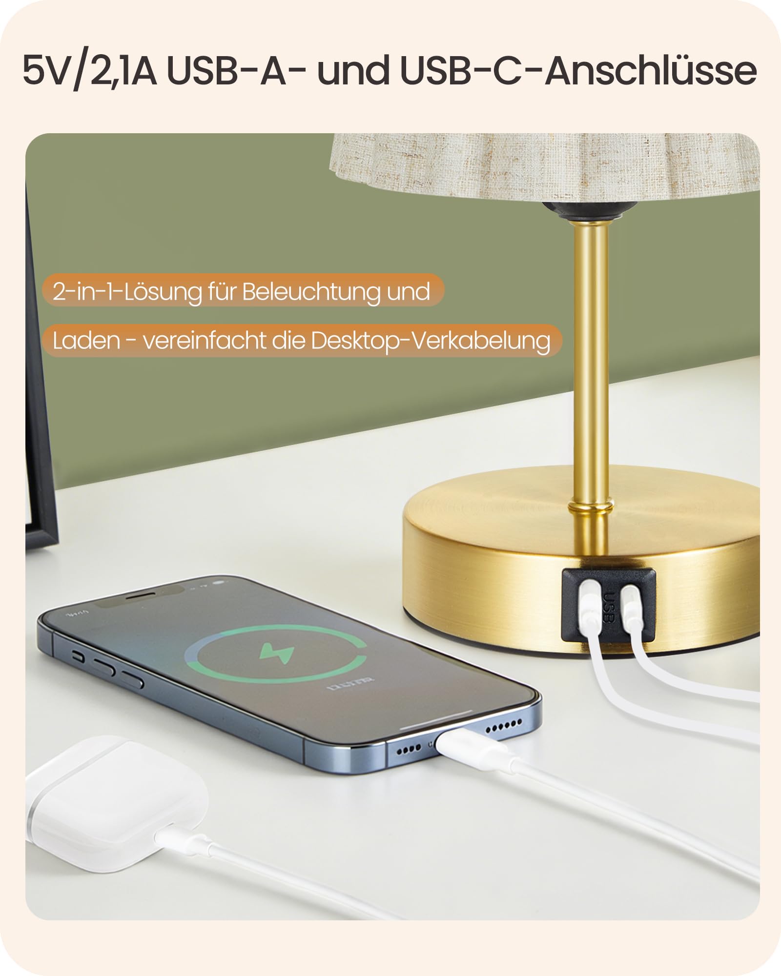 Lampada da comodino tattile dimmerabile, confezione da 2, con USB e lampadina LED dimmerabile, paralume ondulato, attacco E27, per comodino, ufficio, camera da letto, oro e beige