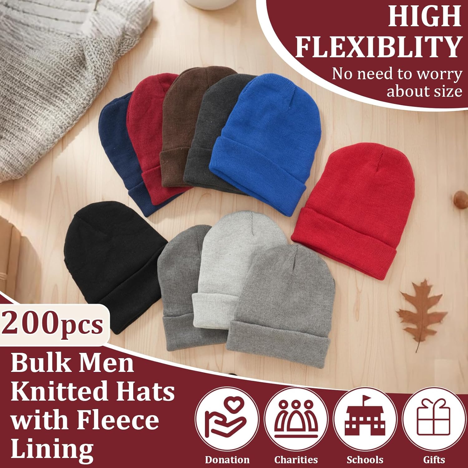 Bulk Men Knitted Hats with Fleece Lining for Charity Homeless Donations, 10 Colors, Unisex Beanies Winter Hats - Image 3