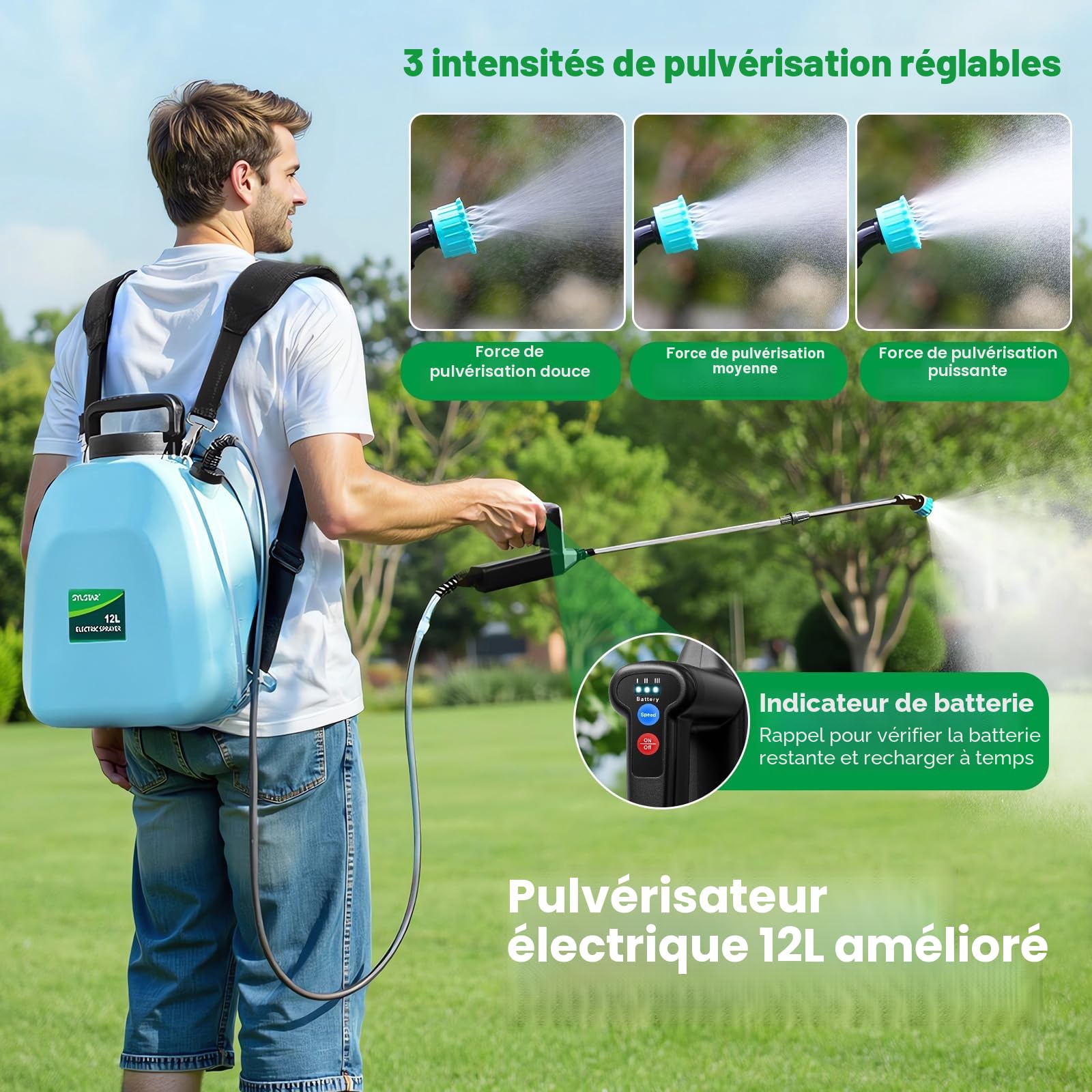 SYLSTAR Pulverisateur Electrique 12L 3 Vitesses 7.4V Puissant Pulvérisateur à Batterie avec 5 Buses