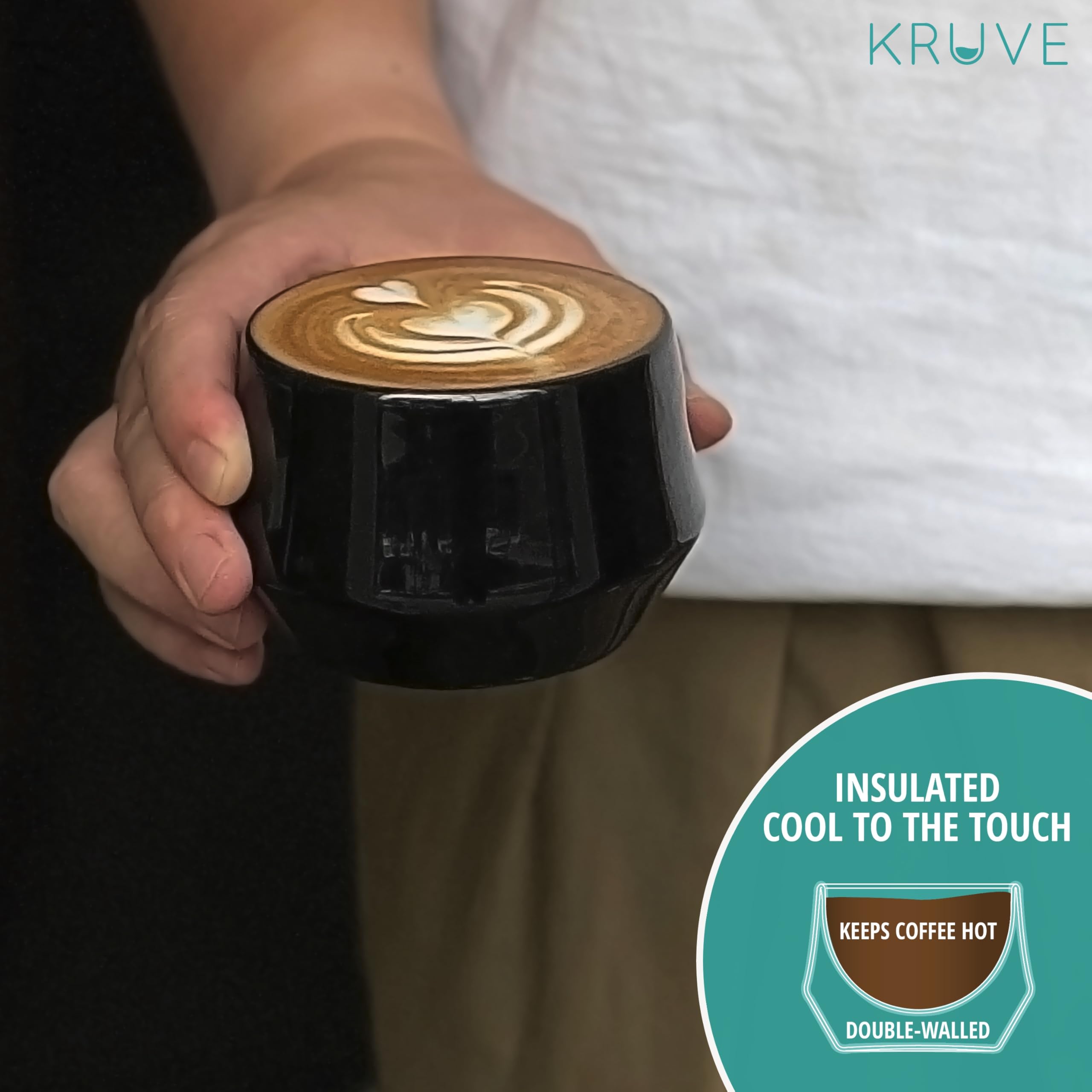 KRUVE Imagina tazas de café con leche de porcelana, tazas de café con doble pared, juego de dos tazas de vidrio - diseño esférico térmico de 5 oz, tazas de café aisladas para retener el calor (negro)