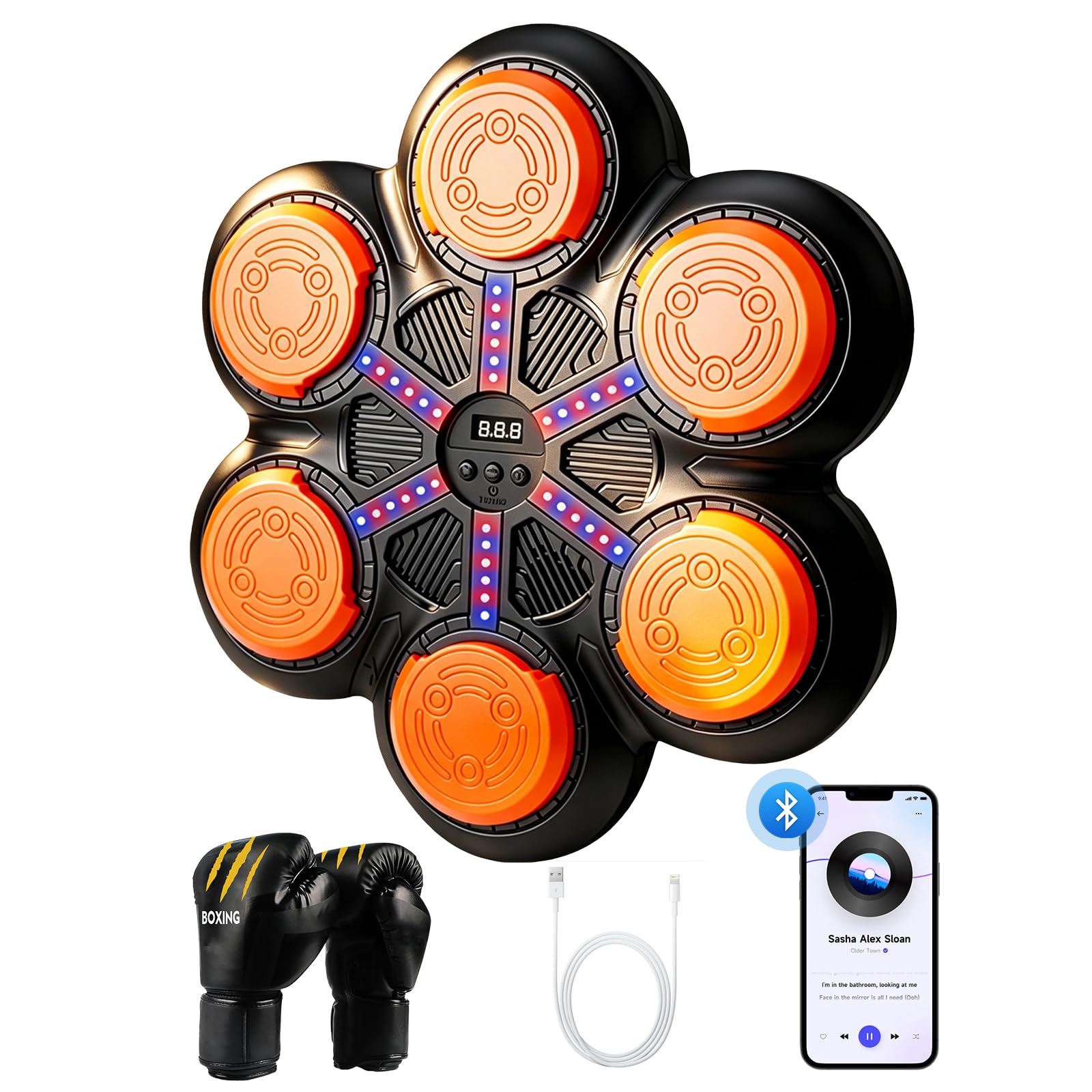Music Boxing Machine with Bluetooth & LED Rhythm Lights, Wall Mounted Interactive Boxing Game with Smart Punch Counter & 3 Speed Modes, Boxing Trainer with Gloves for Kids, Teens & Adults