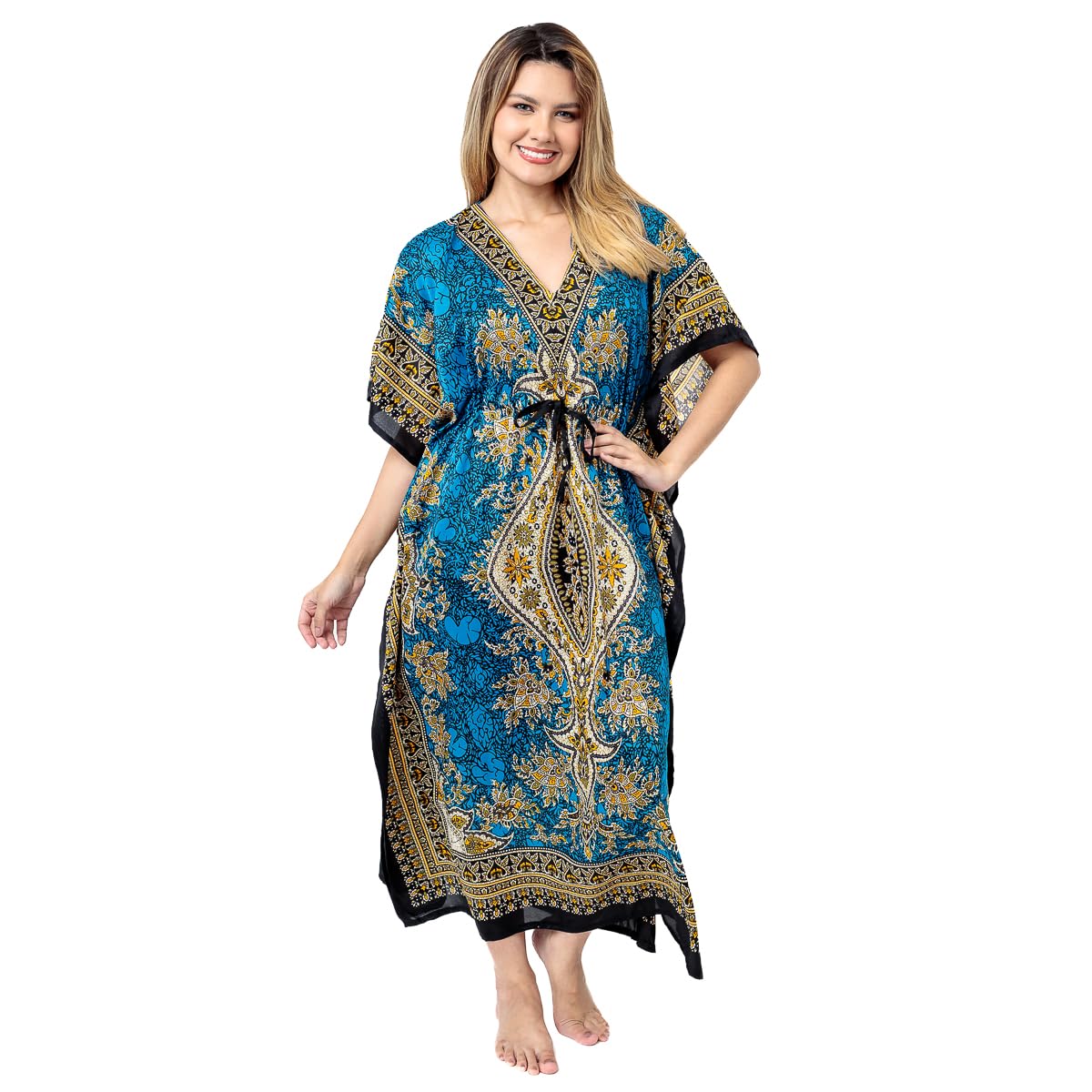 Vestido Kafta Indiano Longo Estampa Boho Plus Size (Azul)