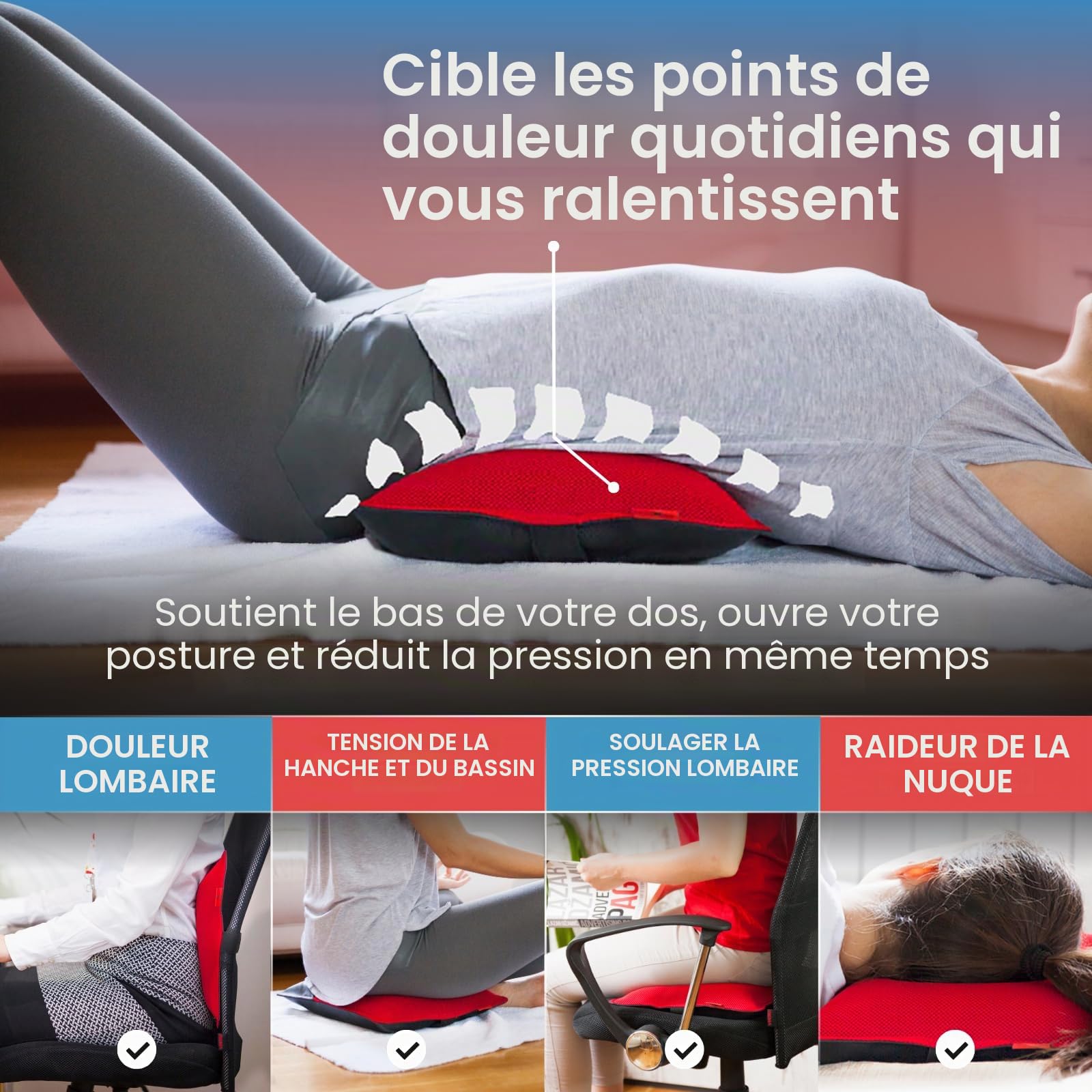 AJUVIA Vitaliseur du dos pour un soulagement rapide de la douleur en 3 secondes, oreiller de soutien lombaire orthopédique 6 en 1, coussin de la technologie Air-Cell pour chaise de bureau et siège de voiture