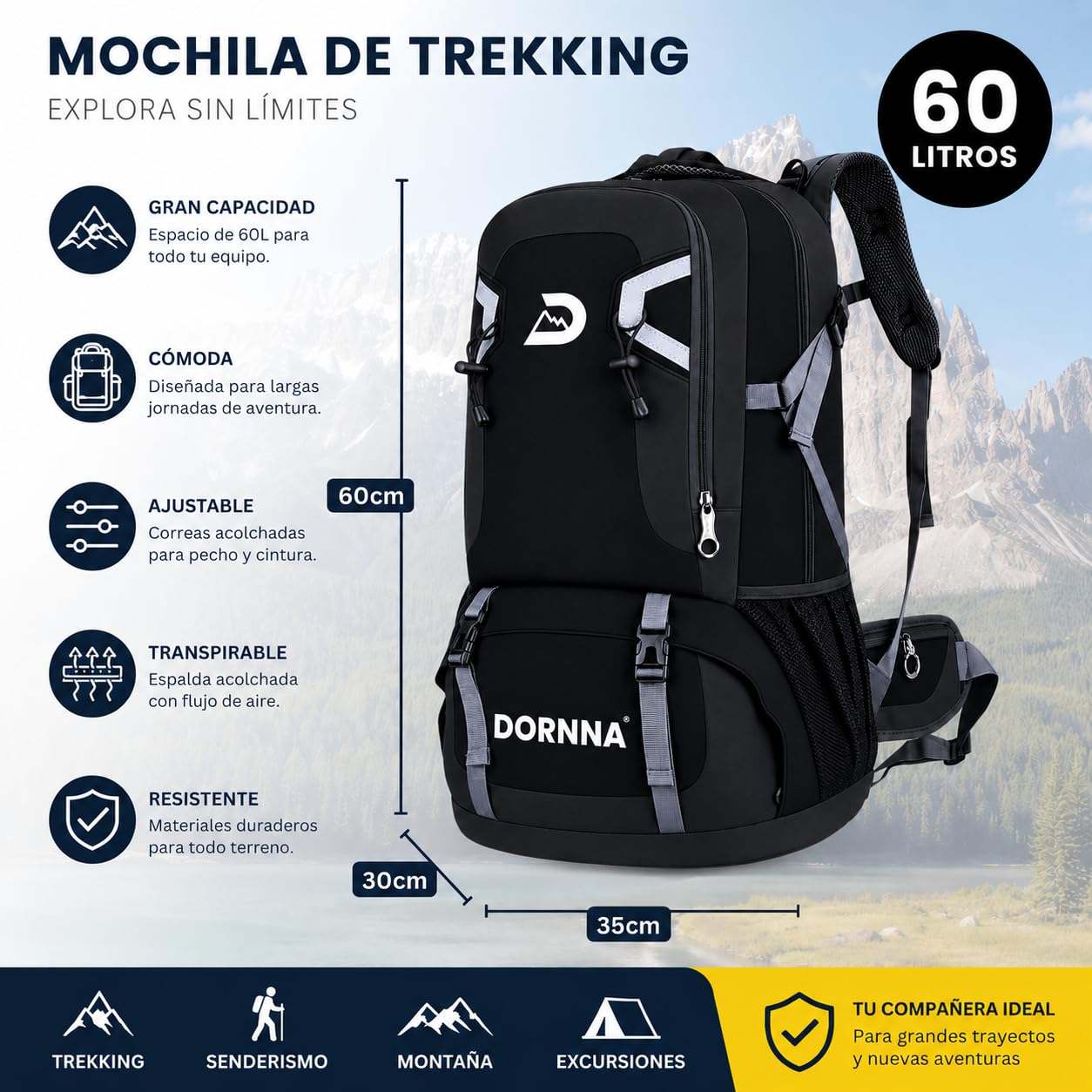 Mochila Trekking y Senderismo 60 Litros, Mochila Impermeable para Montaña, Camino de Santiago y Acampada con Múltiples Compartimentos. (Negro)