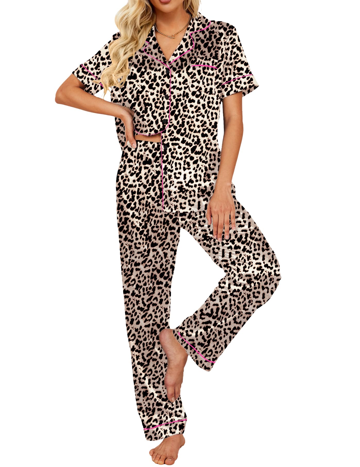 Ekouaer Silk Satin Pajamas Set Women Short Sleeve Sleepwear Soft Button Down Loungewear Pjs Set