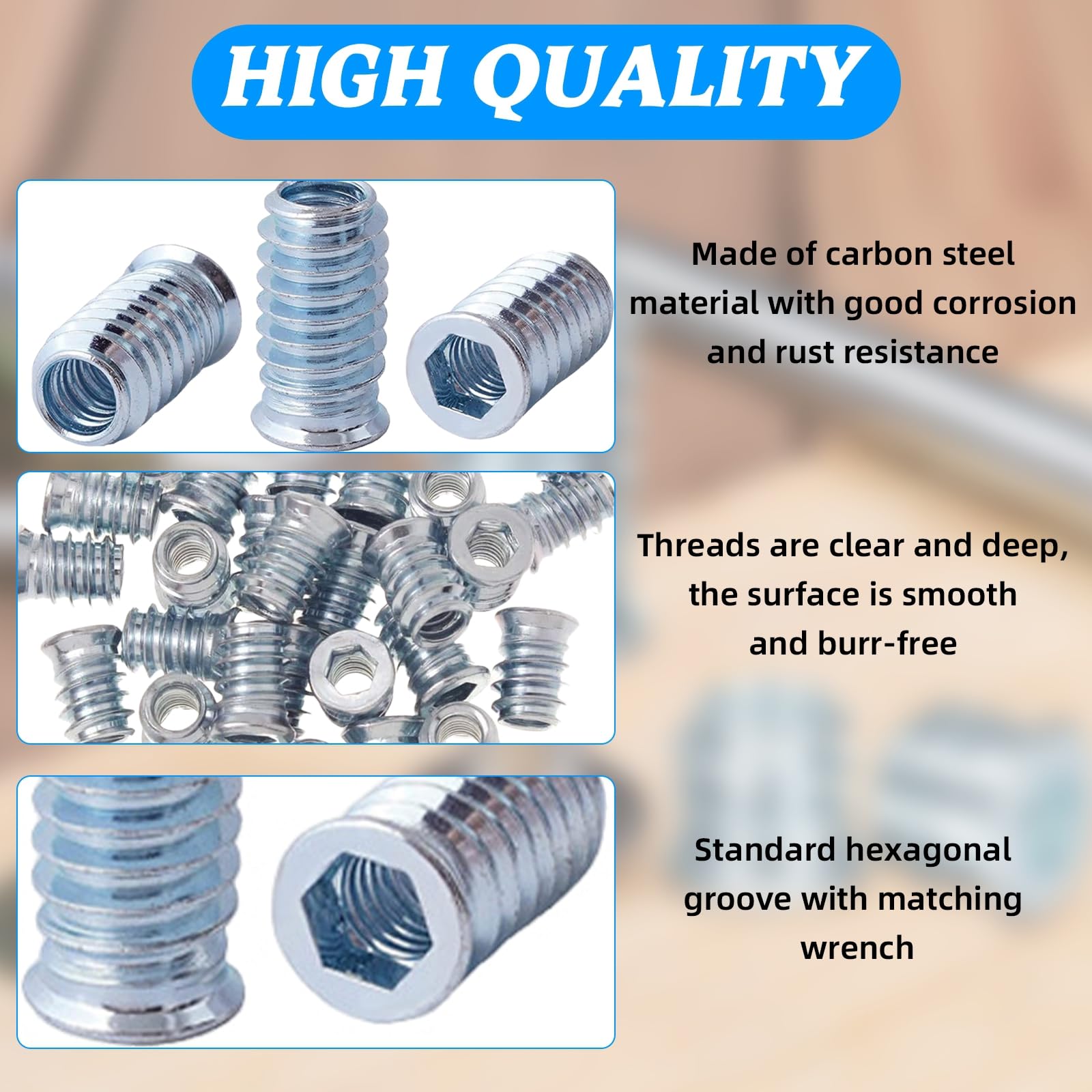 QANCEN 20 Pcs M8x17mm Threaded Insert for Wood,Hex Socket Drive Threaded Inserts,Zinc Plated Carbon Steel Furniture Flanged Hex Threaded Insert Nuts with Allen Key - Image 4