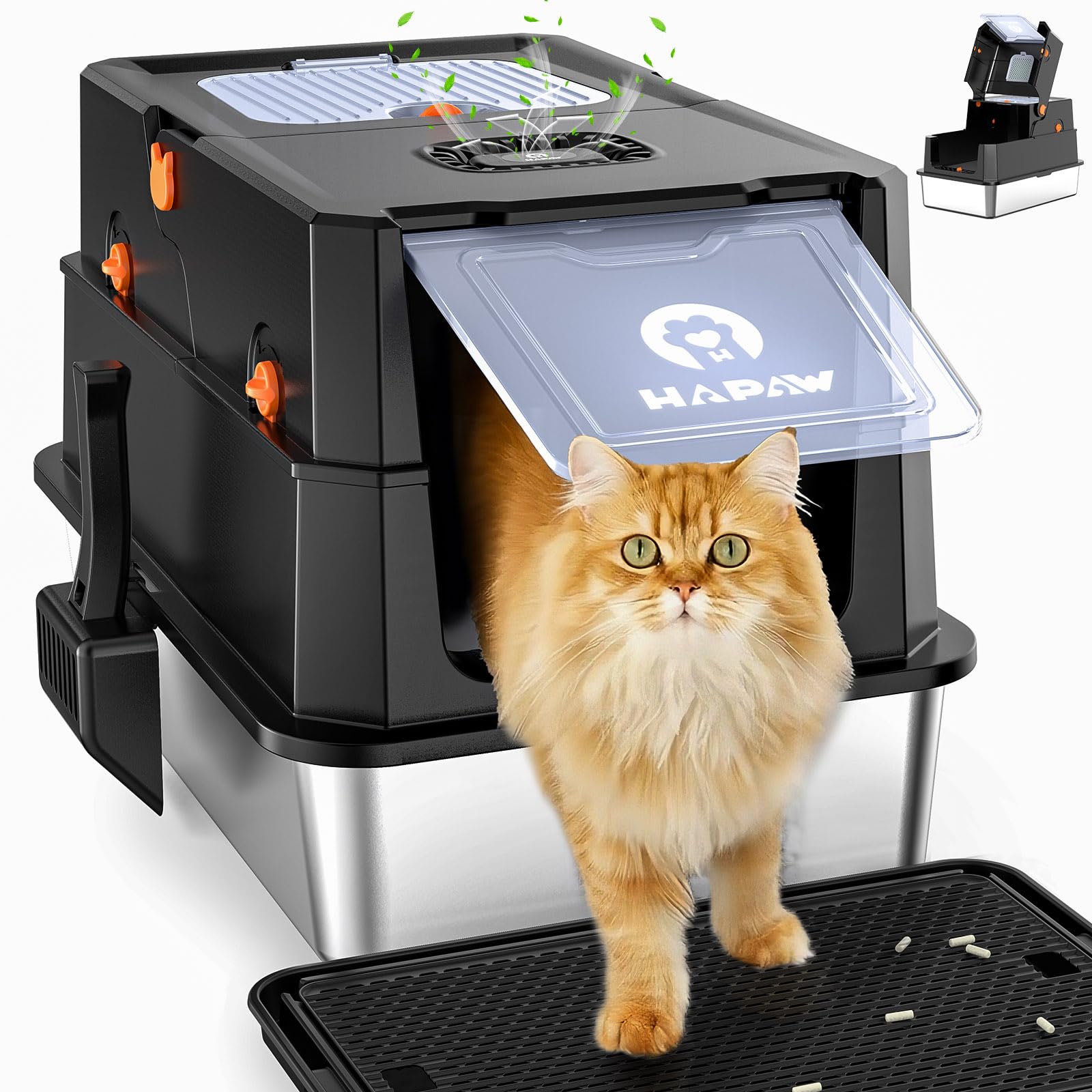 Stainless Steel Litter Box with Lid, Anti-Leakage Enclosed Metal Litter Box, Flip-Top Extra Large Kitty Litter Pan with Scoop & Pedal, Odor Free, Front & Top Dual Entry, Black