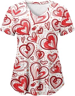 Valentine’s Day Women Scrubs Top V-Neck, Scrub Top Nurse Uniforms, Stretchy Medical Scrub Heart Printed Short Sleeve