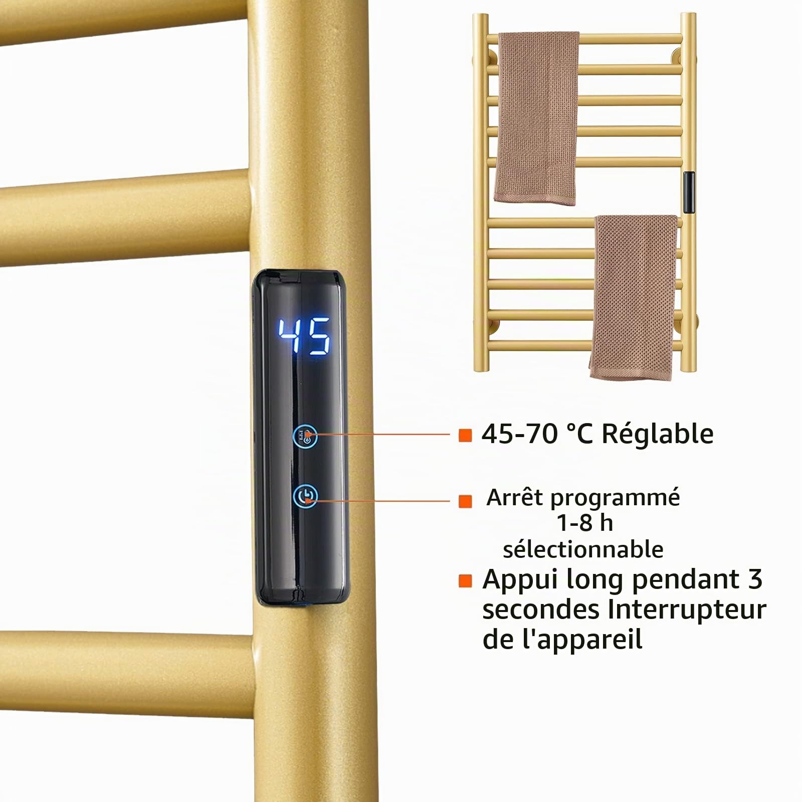 Sèche-Serviettes électrique, Chauffe-Serviettes Or 10 Barres Porte-Serviettes Chauffant Électrique, Acier Inoxydable 304 pour Radiateur De Salle De Bain 88W Chauffe-Serviettes, Hardwired