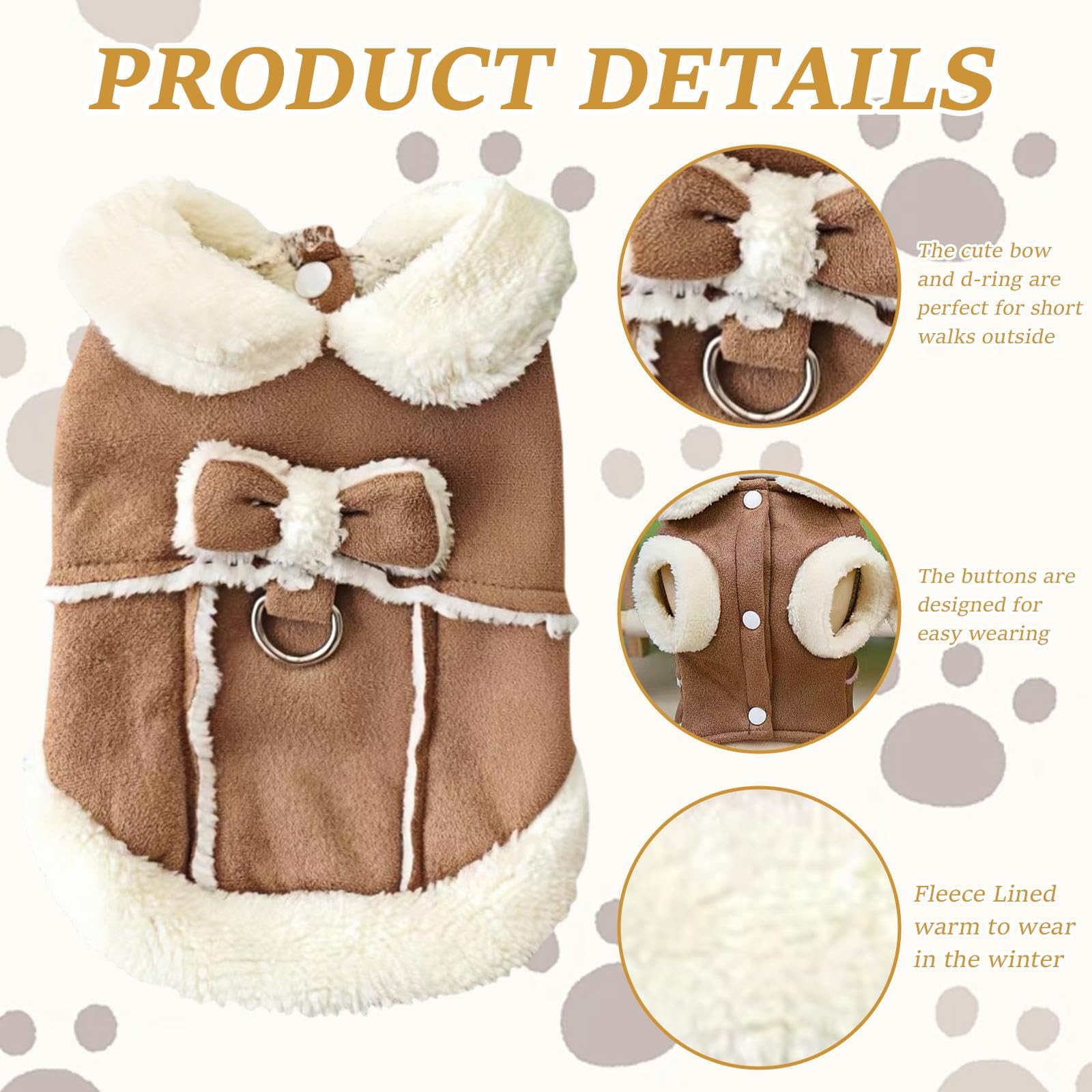 VEHYEGOI 1 Piece Pet Clothing Set, Cute Bow Khaki Coat & Leash, Small (32Cm Chest, 20Cm Back, 23Cm Neck) - Image 3