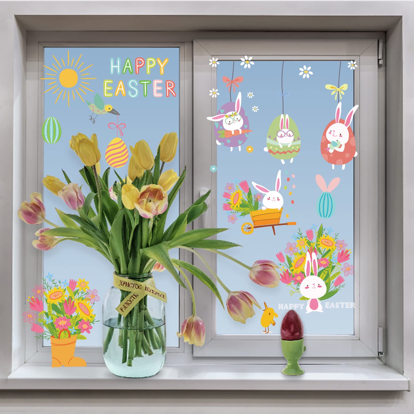 Vensterstickers voor Pasen, 9 stuks, raamdecoratie voor Pasen, paas, paaseieren, paaseieren, raamafbeeldingen kinderkamer, raamafbeelding, lente, Pasen, zelfklevend
