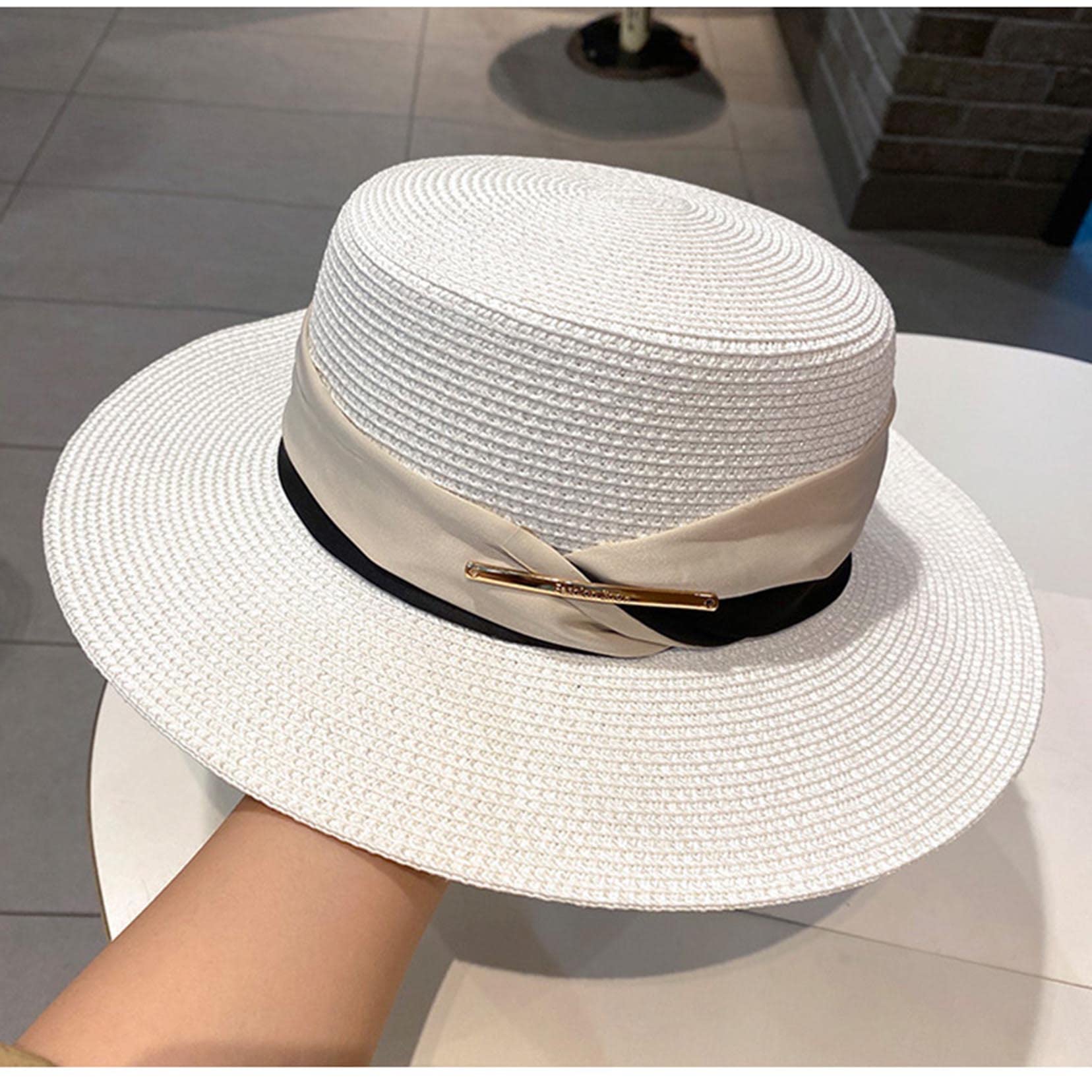 Sommer Beach Sonnenhüte für Frauen Faltbare Floppy Reisende packbare Khaki -Strohhut, breiter Krempe Hut White-56-58cm