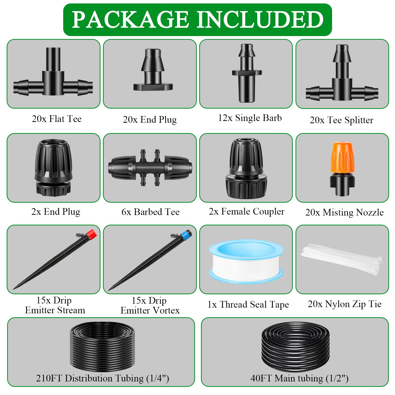 Kit de sistema de riego por goteo de 250 pies, kit de riego automático por goteo con manguera de 1/2 pulgada, tubo de distribución de 1/4 pulgadas y accesorios para invernadero, patio, césped