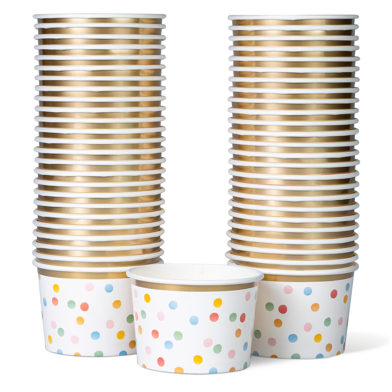 Confettiville Paper Ice Cream Cups, 50-Count 9-Oz Disposable Dessert Bowls for Hot or Cold Food, 9-Ounce Party Supplies Treat Cups, Polka Dots, Gold
