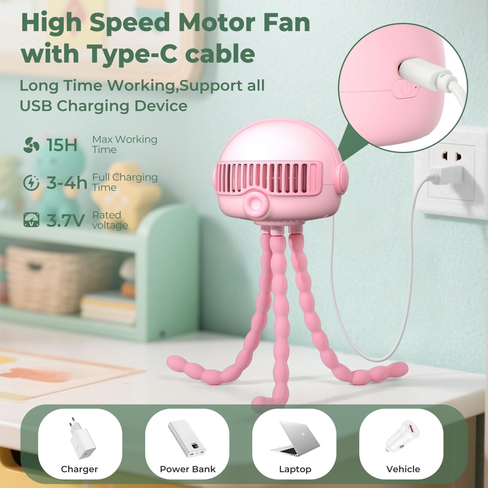 Zhenghe 4000mAh Portable Baby Stroller Fan - 3-Speed, Low Noise, with Safety Net, Multifunctional for Stroller, Crib, Car, Desktop & Camping…… (Pink)