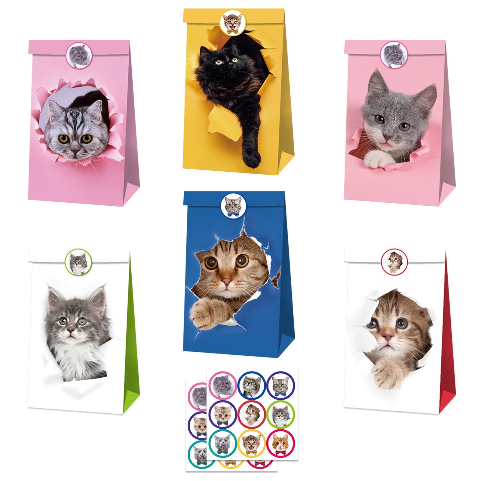 MORAINJAY 12 Pcs Cat Party Bags, Cute Cat Paper Gift Bags, Small Kitten Faces Favor Wrapping Bag, Pet Theme Birthday Party Decorations, with 18 Stickers
