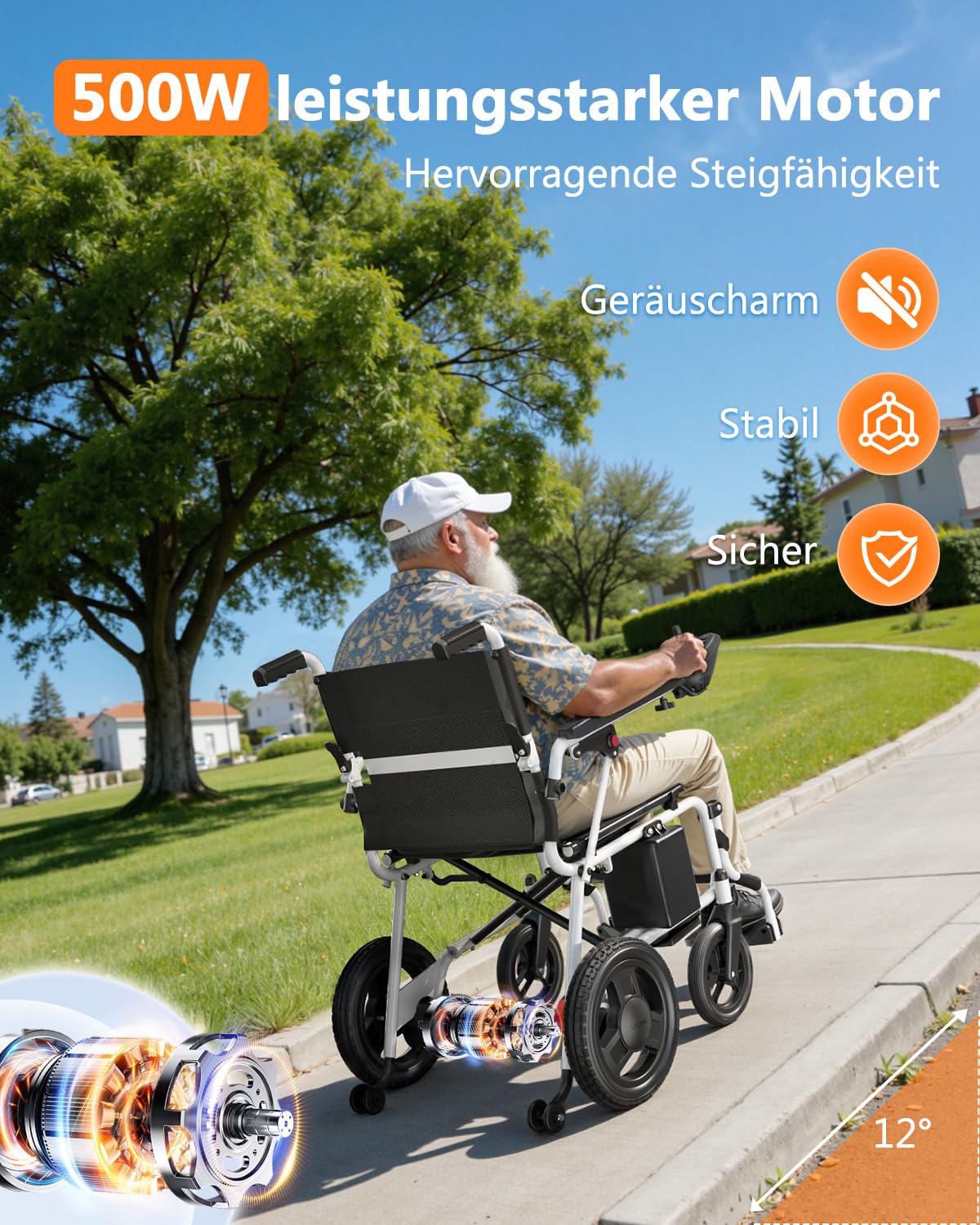 Elektrischer Rollstuhl mit 20km Reichweite,16.8kg Rollstuhl Elektrisch Faltbar Schmal Rollstuhl für Wohnung & Reisen, 125kg Tragkraft für jedes Gelände geeignet