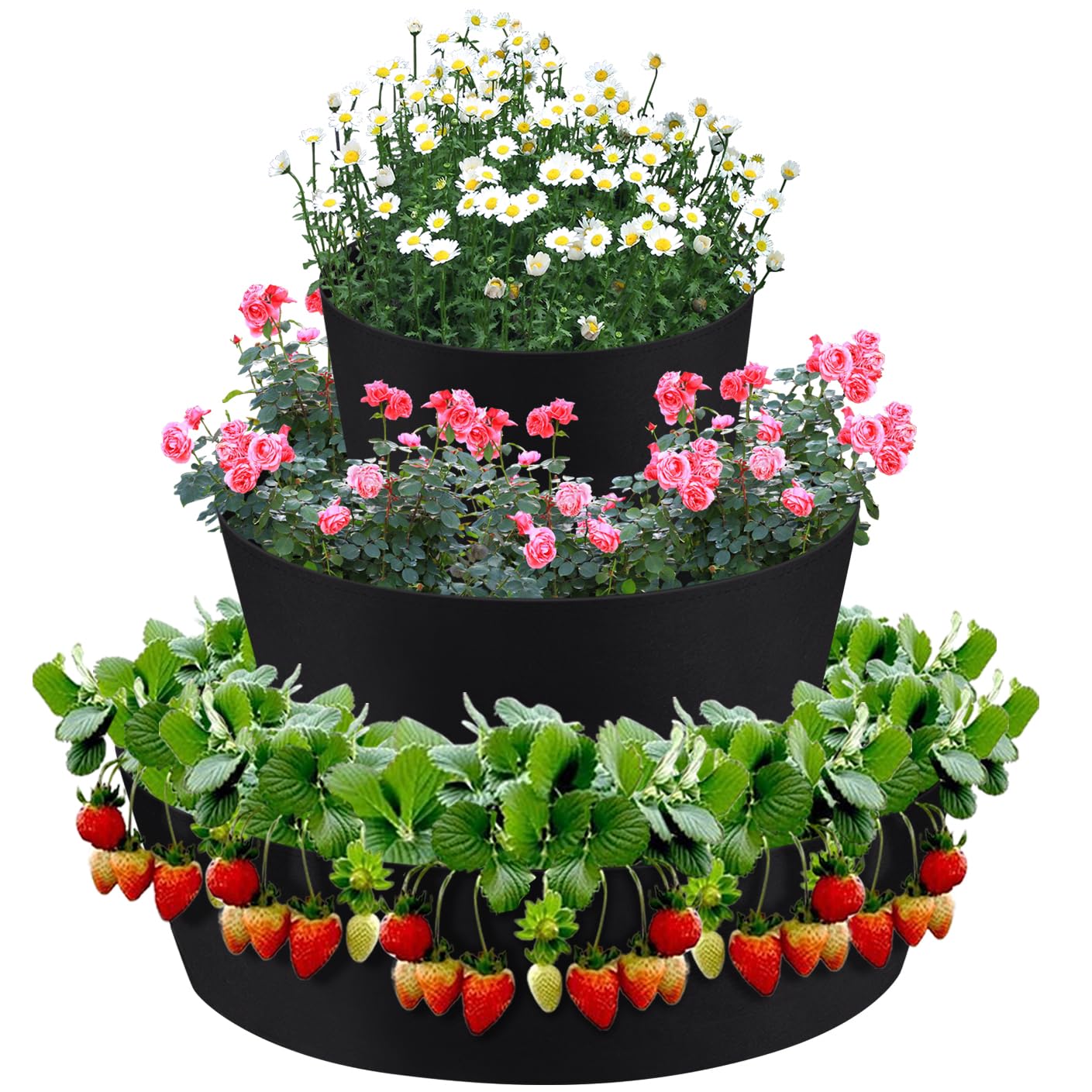 Strawberry Planter Garden Planting Tower: 3 Pack Fabric Raised Garden Bed Round Garden Grow Bags Heavy Duty Breathable, Fabric Raised Planter Container for Vegetables Flower Herbs Gardening Outdoor