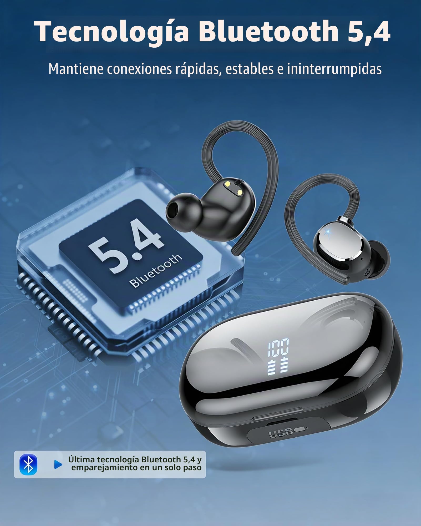 Auriculares Inalámbricos Deportivos, Nuevo Auriculares Bluetooth 5.4 HiFi Estéreo, 128H Cascos Inalambricos Bluetooth con 4 HD Mic Pantalla Dual LED, IPX7 Control Táctil Inalámbricos para iOS/Android