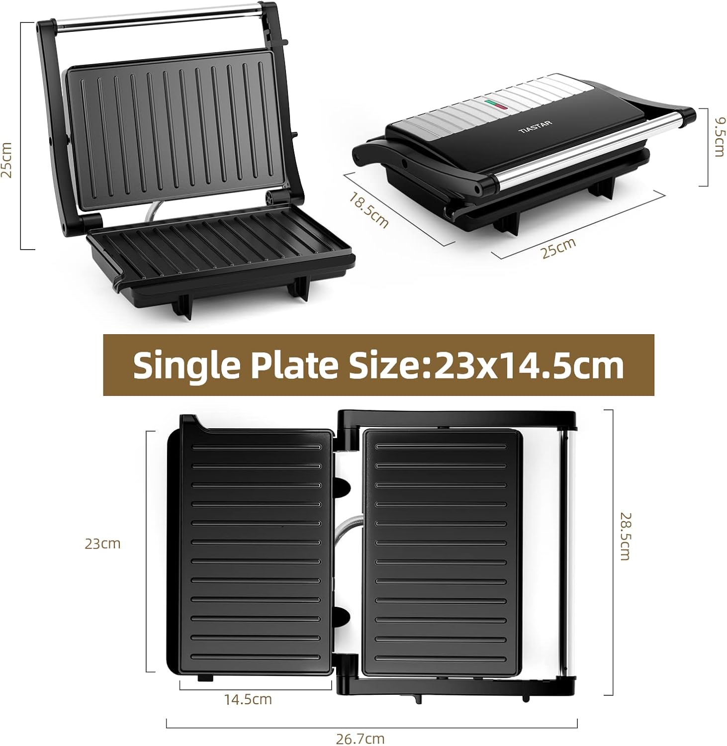 Tiastar Griglia Elettrica 1000W, Piastra per Panini Sandwich Maker con Piastre Antiaderenti, Espandibile a 180 Gradi Tiastar Griglia Elettrica 1000W, Piastra per Panini Sandwich Maker con Piastre Antiaderenti, Espandibile a 180 Gradi