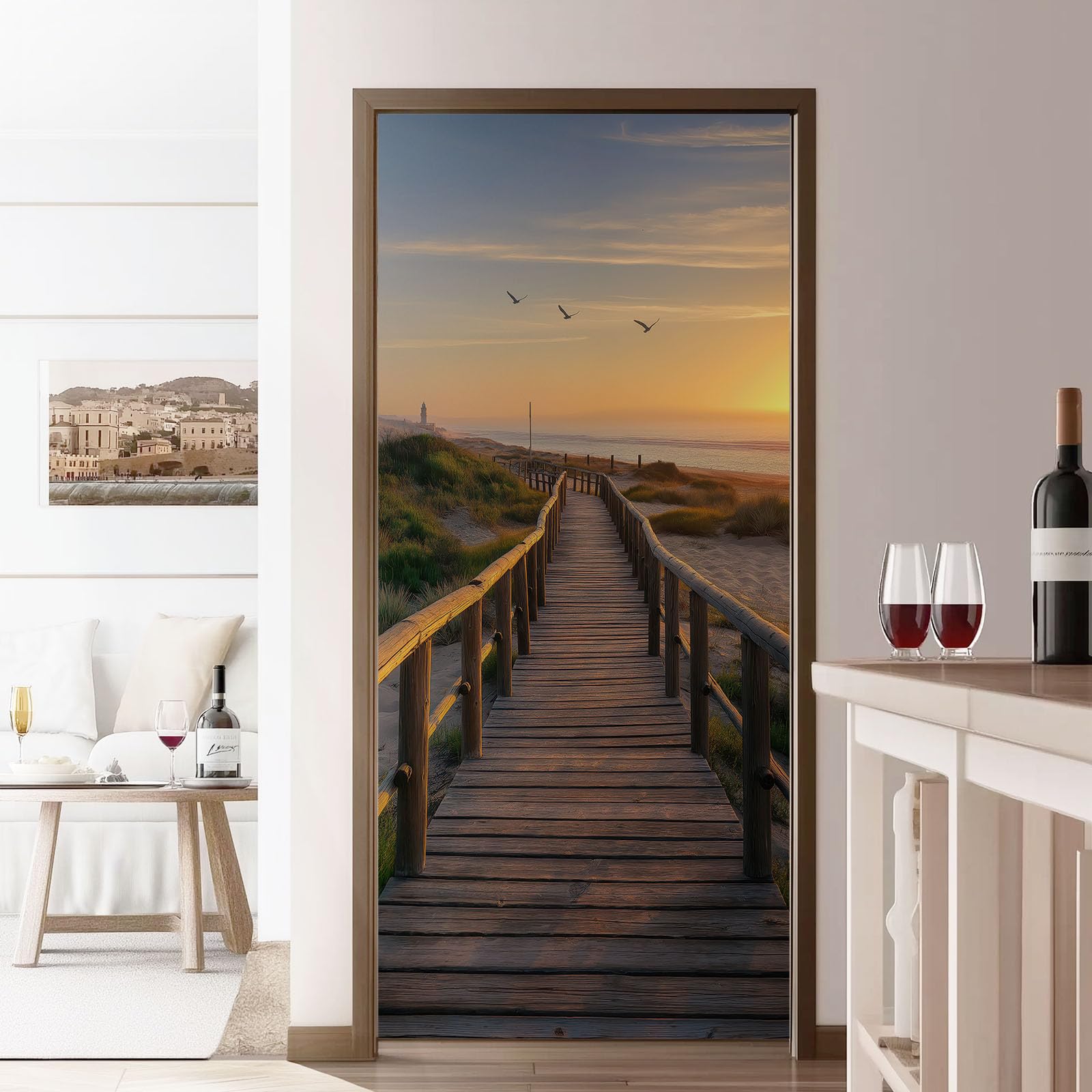 Natura krajobraz naklejka na drzwi, 95 x 215 cm, plaża, drewniany most PCW, samoprzylepny, plakat na drzwi, fototapeta, brązowa, wodoszczelna, winylowa, zdejmowana naklejka na drzwi, "zrób to sam
