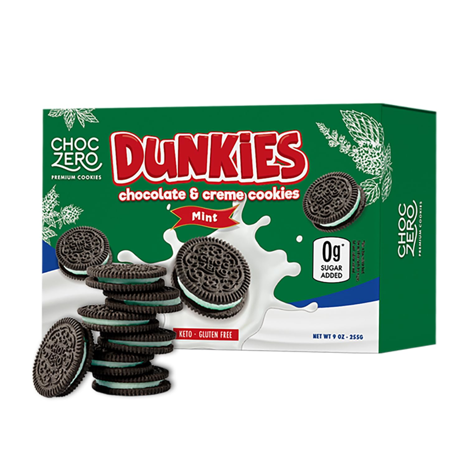 ChocZero Mint Dunkies – Mint Creme Chocolate Sandwich Cookies, Sugar Free, Keto Friendly, Low Net Carb, High Fiber, Gluten Free – 9oz Box