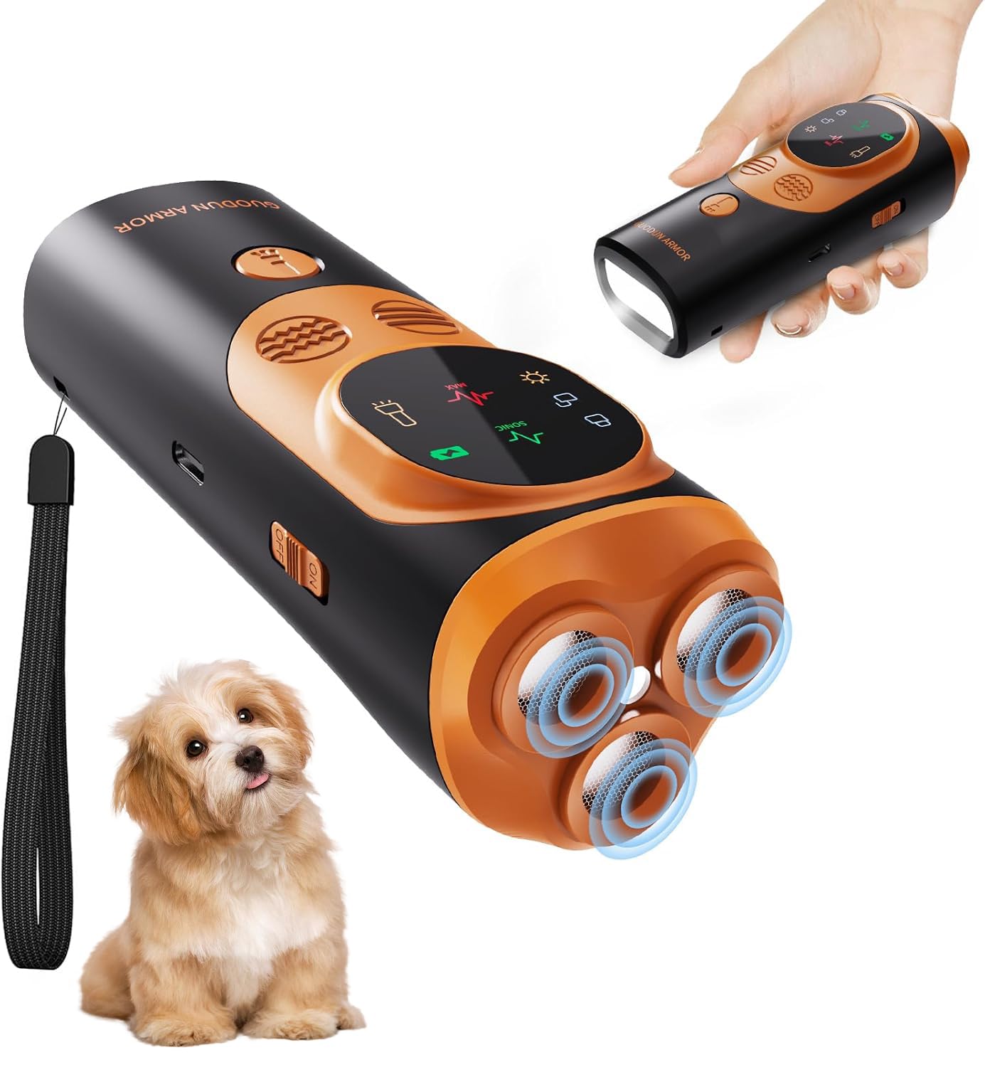 Anti Barking Device for Dogs Upgraded Version Rechargeable Ultrasonic Dog Bark Deterrent Head Dog Repeller with Flashlight Indoor Outdoor Portable Training Tool (Black&Orange)