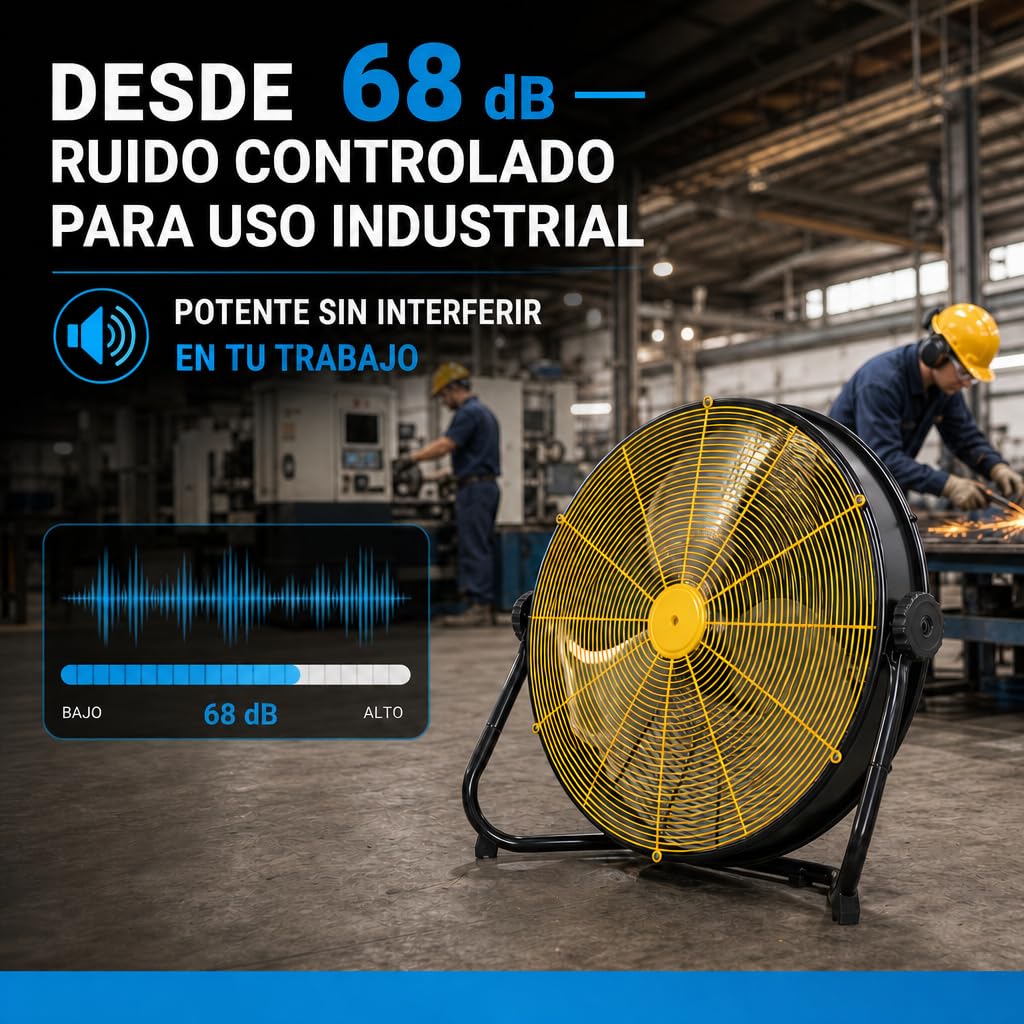 Ventilador Industrial de Suelo 130W – 3 Aspas Metálicas, 3 Velocidades, Flujo de Aire hasta 5.160 m³/h, Cabezal Orientable 180°, Motor AC, Uso Interior, Negro y Amarillo (130 W)