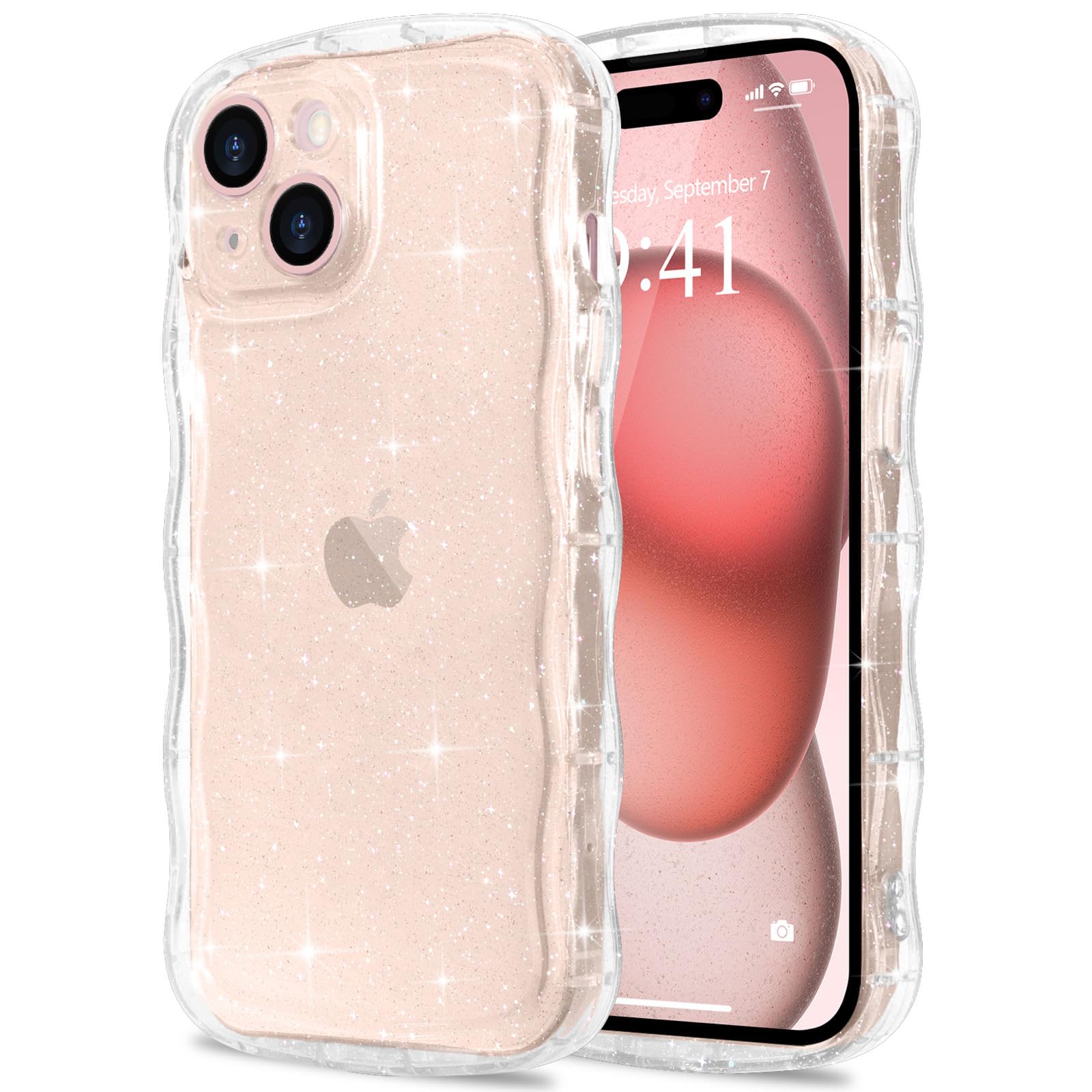 Pepmune for iPhone 15 Case Clear, Cute Sparkly Bling Glitter Curly Wave Frame Transparent Cover for Women Girls Men Shiny TPU Wavy Bumper Drop
