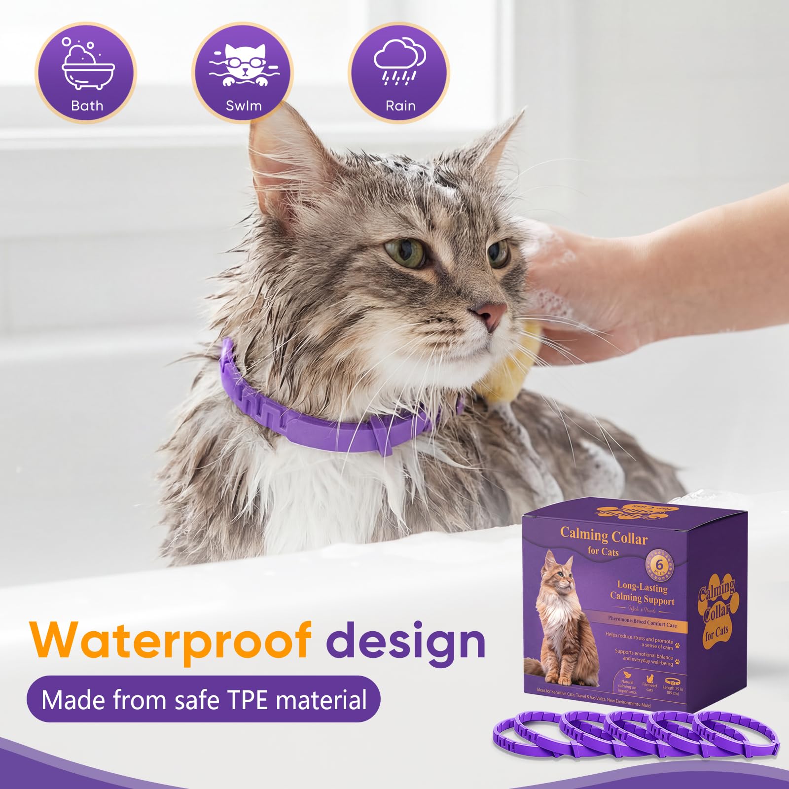 Cat Calming Collar, 6-Pack Pheromone Collars for Cats – Adjustable 15″, Up to 4 Weeks Lasting Stress & Anxiety Relief, Helps Reduce Noise Fear, Scratching & Separation Anxiety（Pruple） - image 3