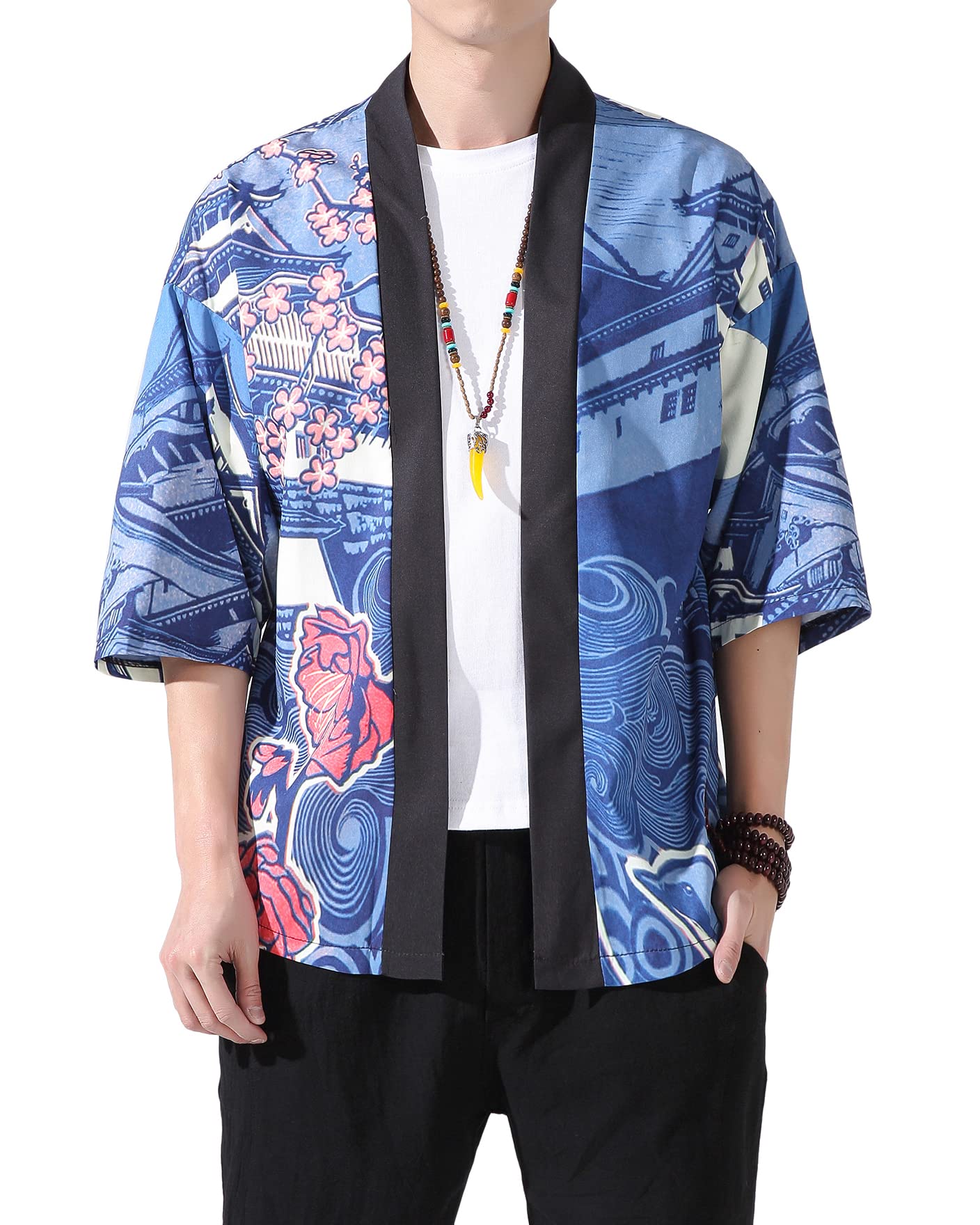 PRIJOUHE Men's Kimono Cardigan Jacket Japanese Style Flying Crane Seven Sleeves Open Front Coat