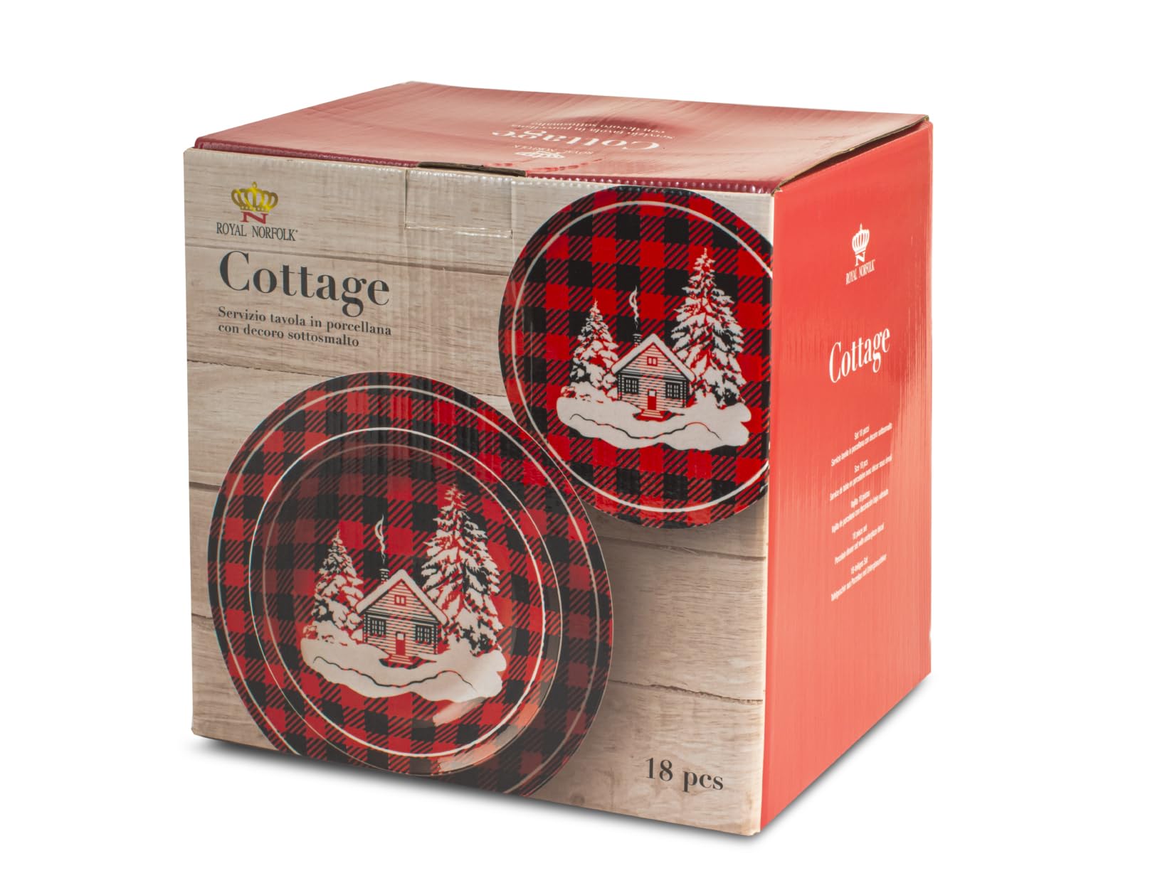 Royal Norfolk Cottage Servizio Tavola, 18 Piatti, Porcellana, Rosso, Natale