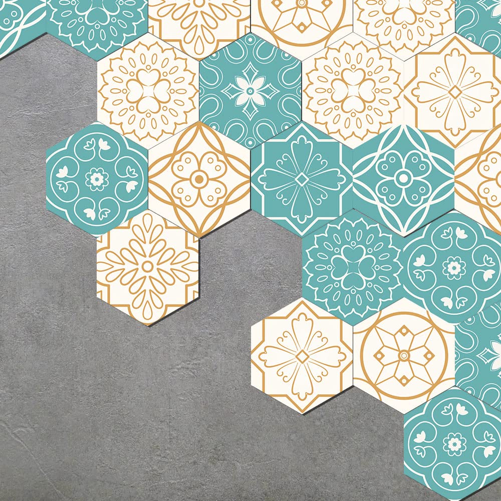 30Pcs Peel&Stick Hexagon Non-Slip Marble Effect Vinyl Floor Sticker, 7.9x9.1 Self-Adhesive Wallpaper Wall Sticker for Living Room Kitchen Bathroom Home Decor, Green&Yellow