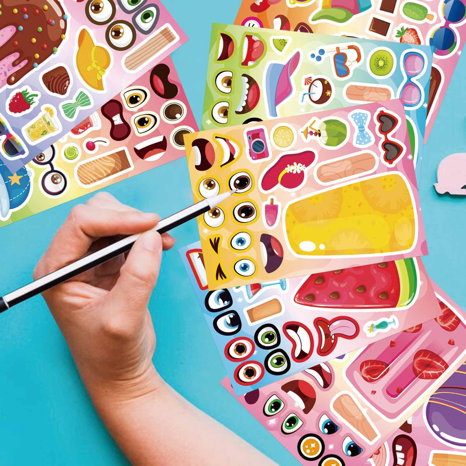 24 fogli di adesivi per creare il tuo gelato per bambini piccoli, crea un adesivo per il viso mescola e abbina anguria, cioccolato, kiwi, fragola, gelato adesivi per attività per bambini forniture