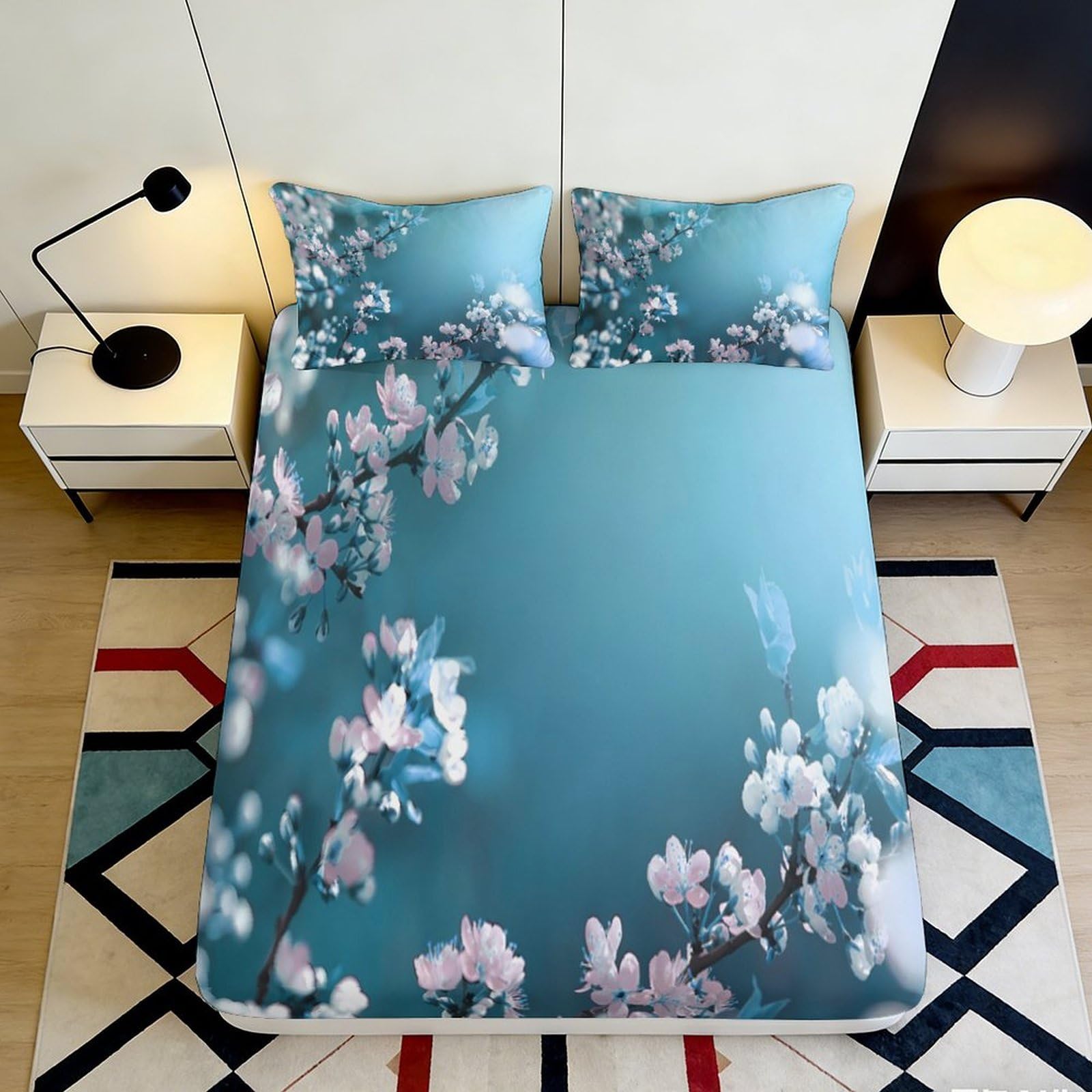 Pnayamiorkfel Style-1 3D Printed Blossom Blue Fitted Sheet Microfiber Soft Breathable Sakura Branch Mattress Cover For Bedroom Guest Room Decor 90X200x25cm