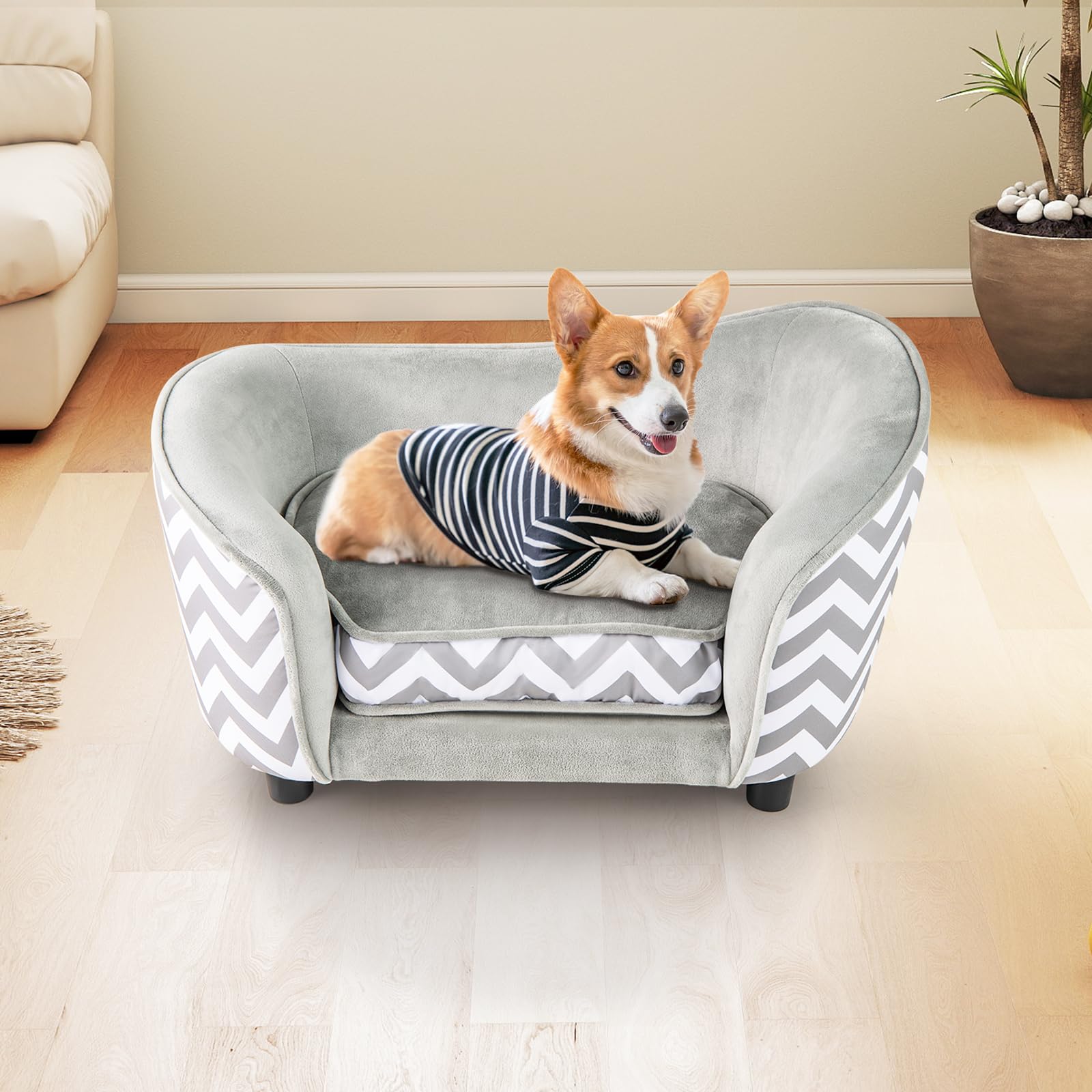 GOPLUS Panier Chien avec Dossier et Accoudoirs Incurvés, Cadre en Bois, Housse Amovible et Lavable, Gris, 50 KG
