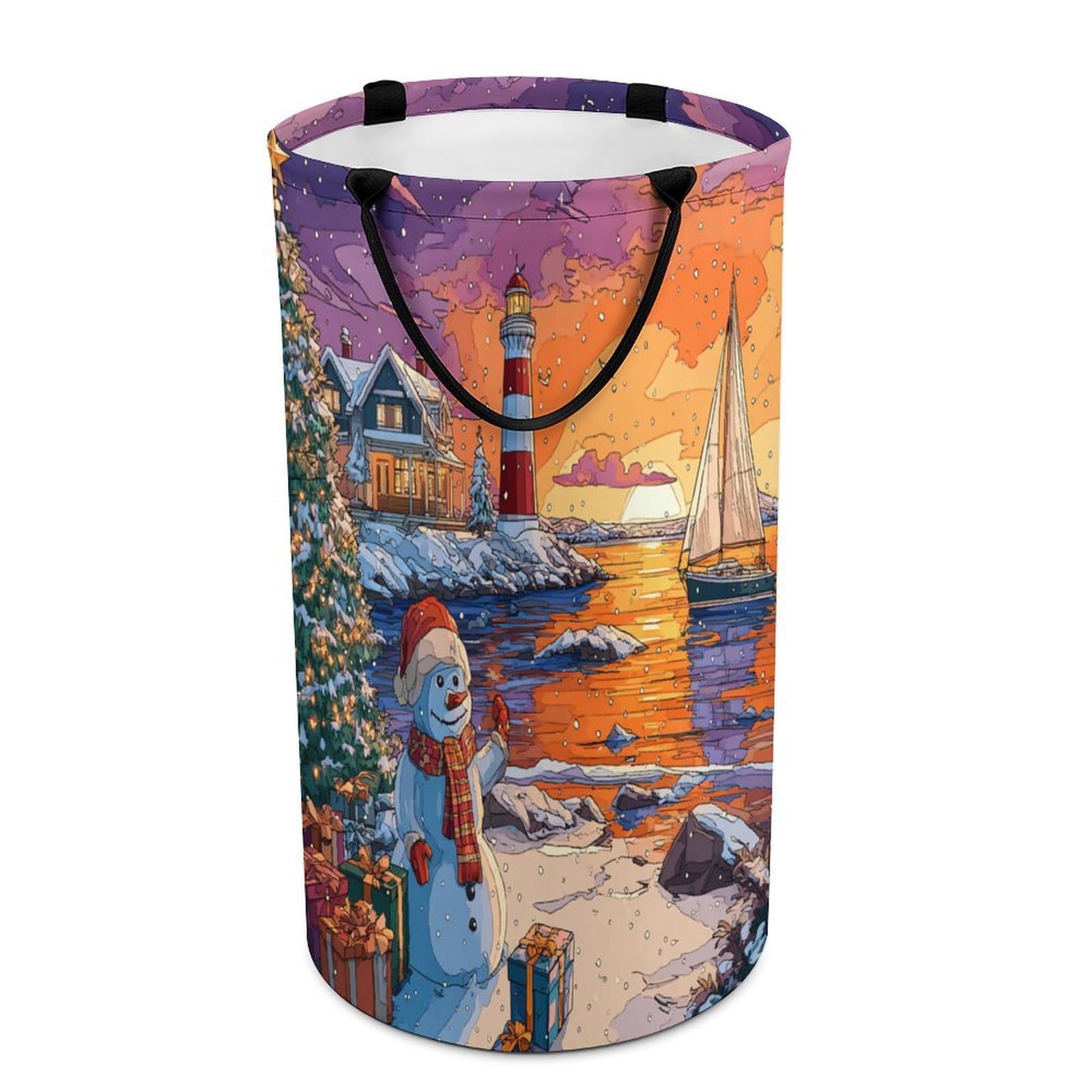 LUYYSKY Funny Cute Christmas Snowman Collapsible Dirty Clothes Basket, Beautiful Retro Nautical Sunset Seaside Lighthouse Xmas Tree Portable Clothes Storage Basket