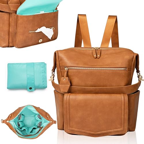 MOMINSIDE Mochila para pañales con 14 bolsillos, bolsa de cuero para bebé, mochila hobo convertible, bolsa de pañales grande, 6 bolsillos para